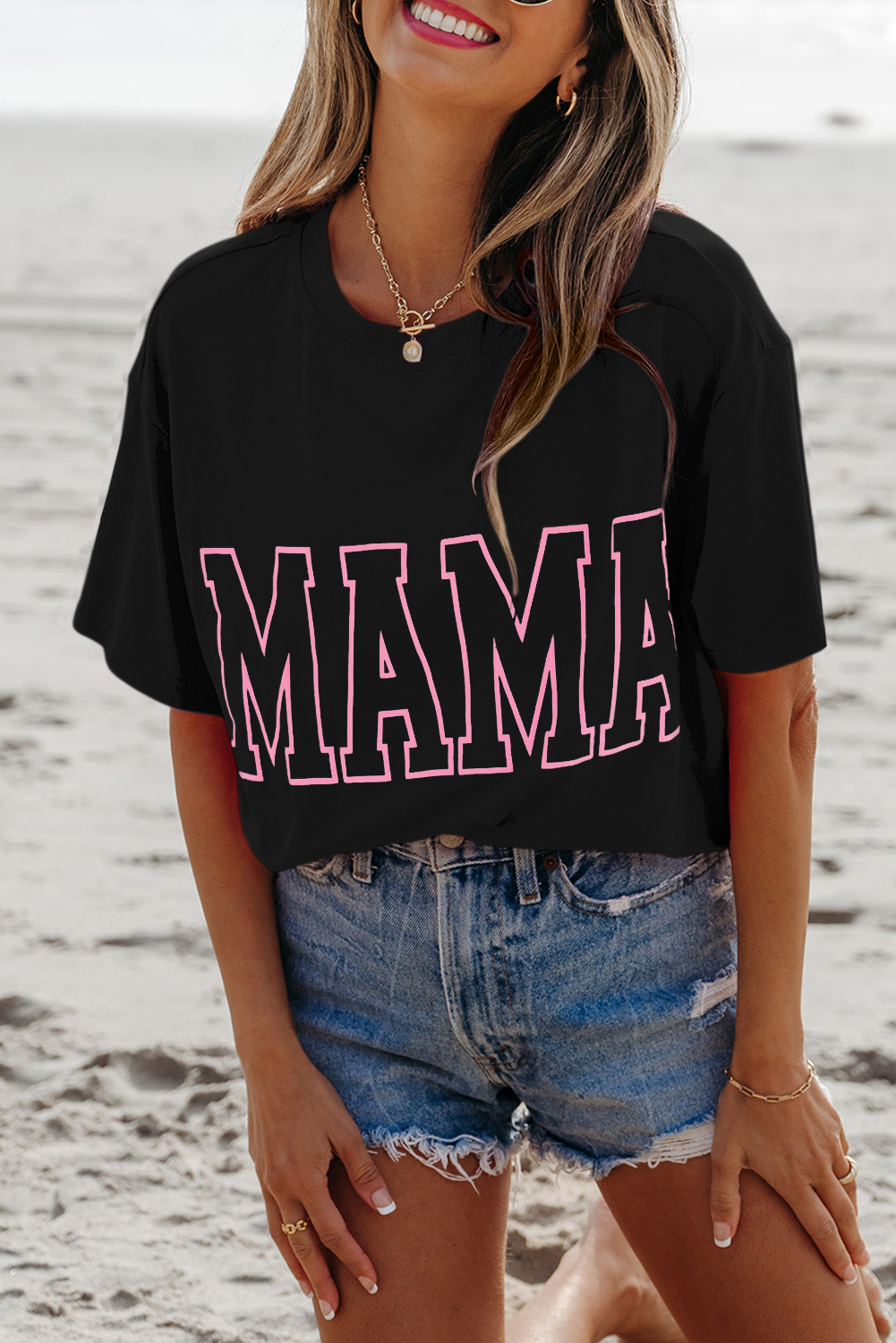 Black MAMA Letter Graphic Neon T Shirt - loveforevers