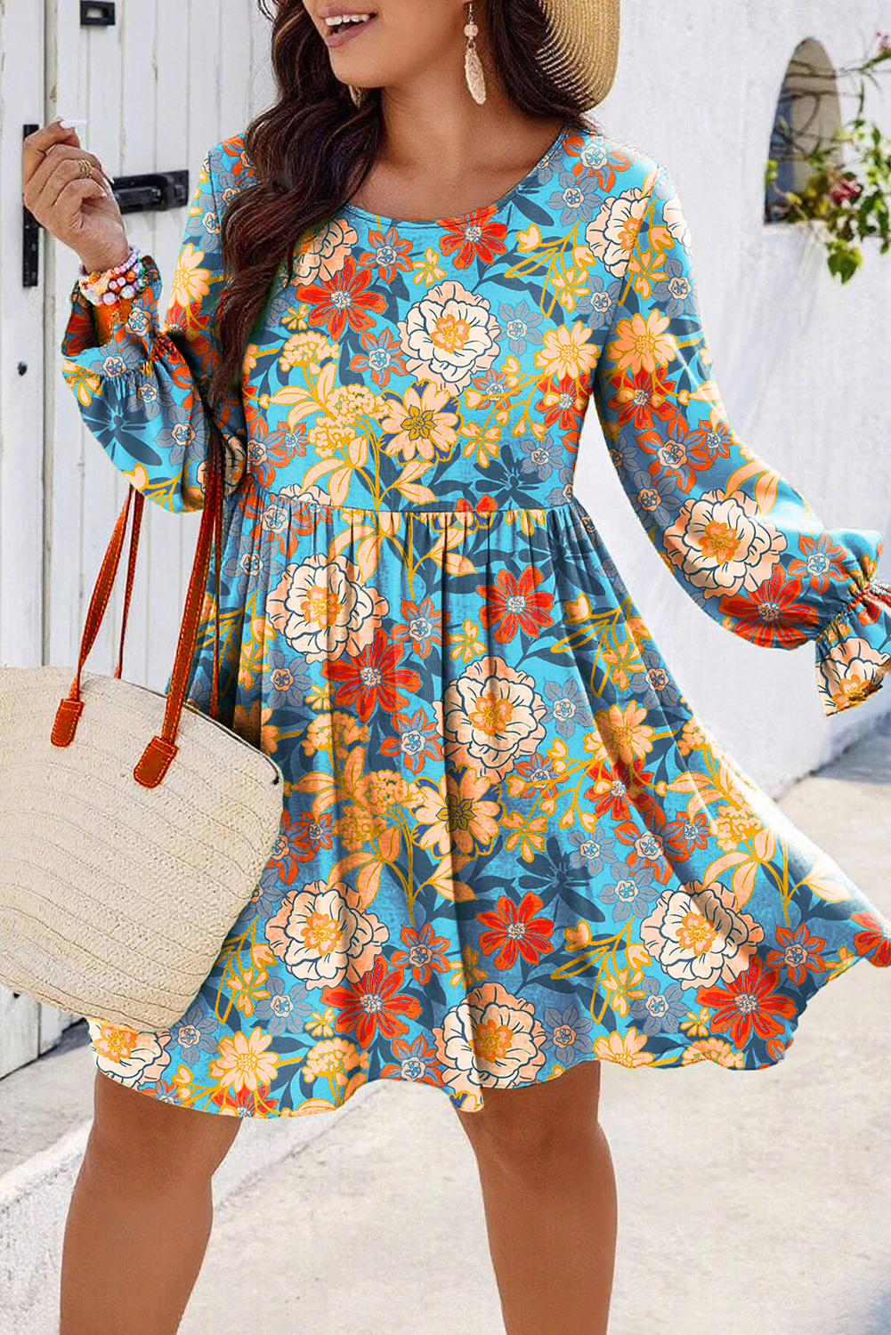 Blue Plus Size Floral Ruffled Long Sleeve Flowy Mini Dress - loveforevers