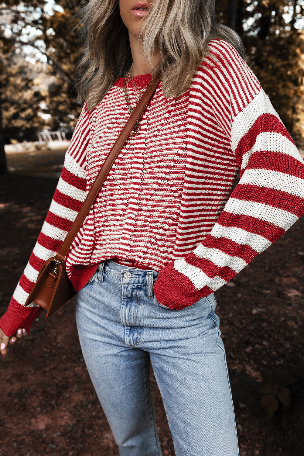 Gray Stripe Geometric Textured Drop Shoulder Sweater - loveforevers