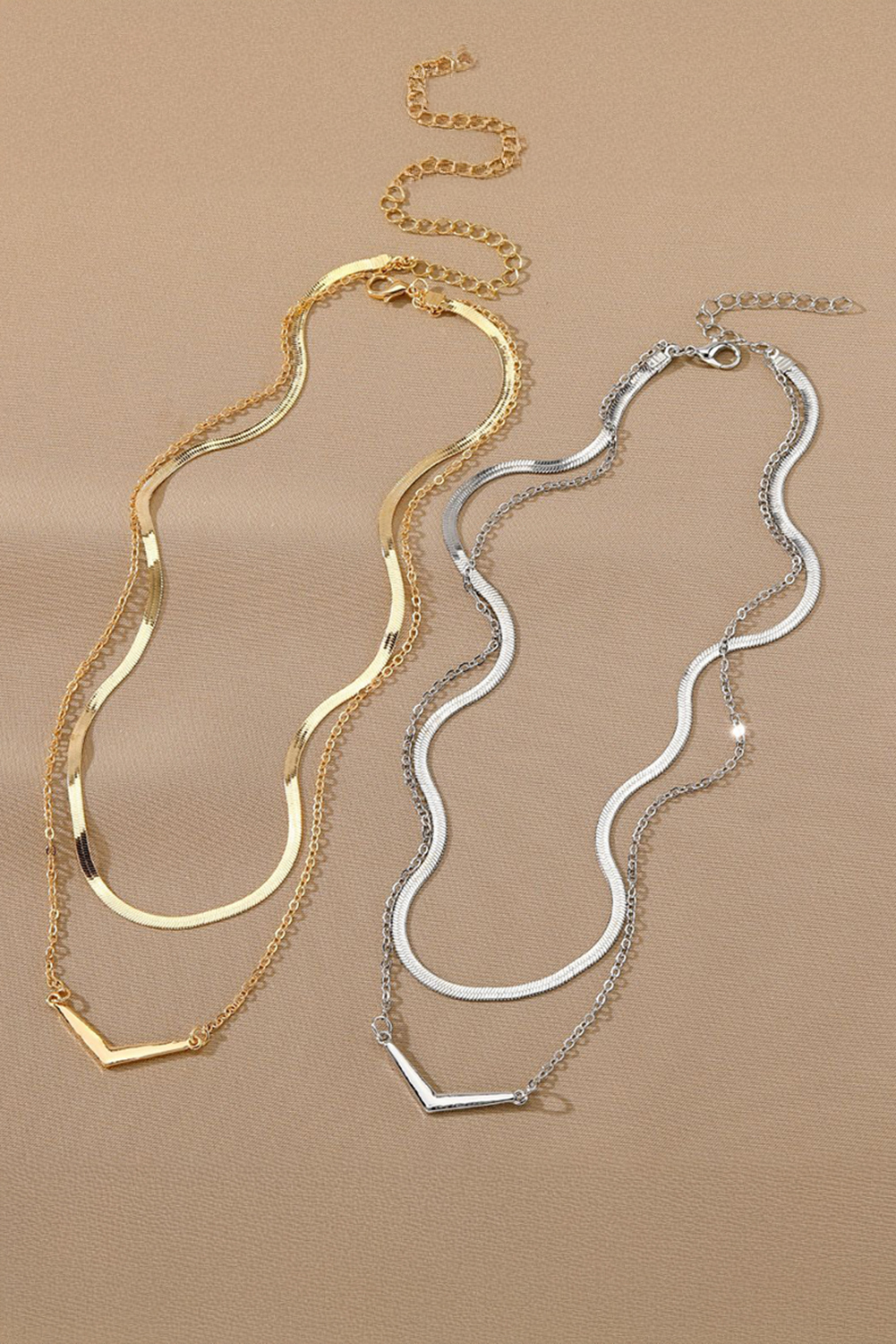 Gold V-shape Pendant Snake Bone Chain Double Layer Necklace - loveforevers