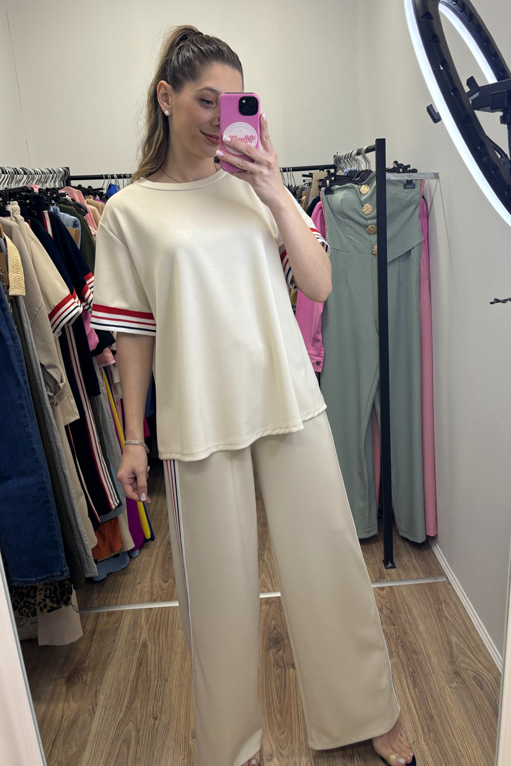 Jet Stream Contrast Striped Trim Crewneck T Shirt Loose Straight Pants Set - loveforevers
