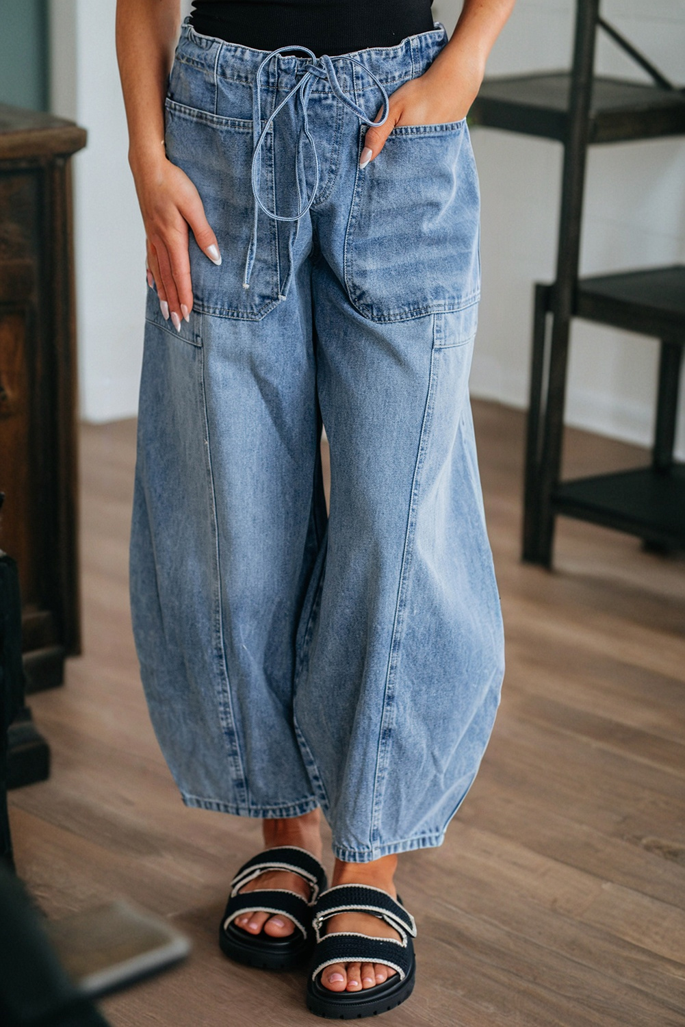 Myosotis Large Patch Pocket Drawstring Paperbag Waist Barrel Jeans - loveforevers