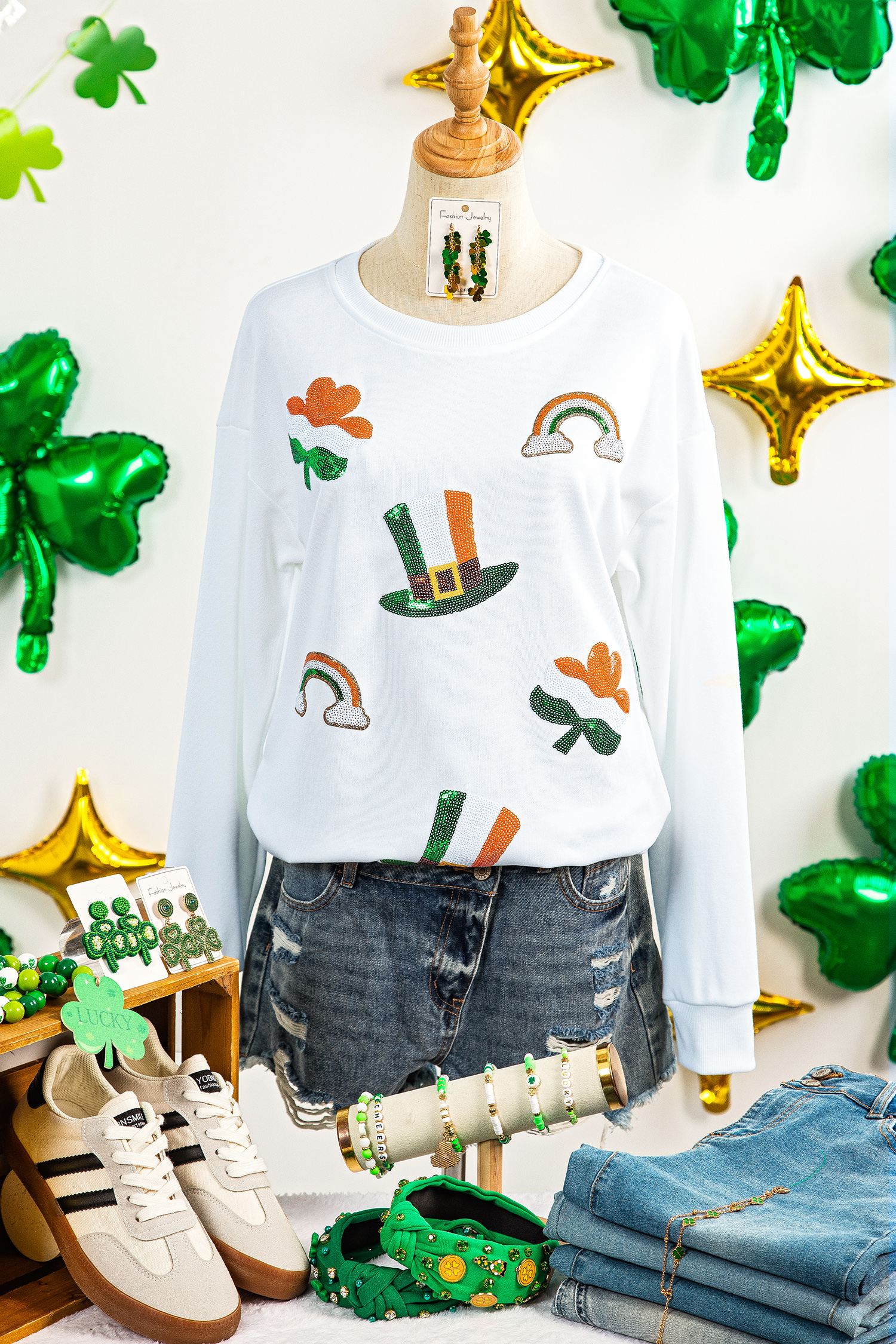 White LUCKY Clover Embroidered Long Sleeve Top - loveforevers