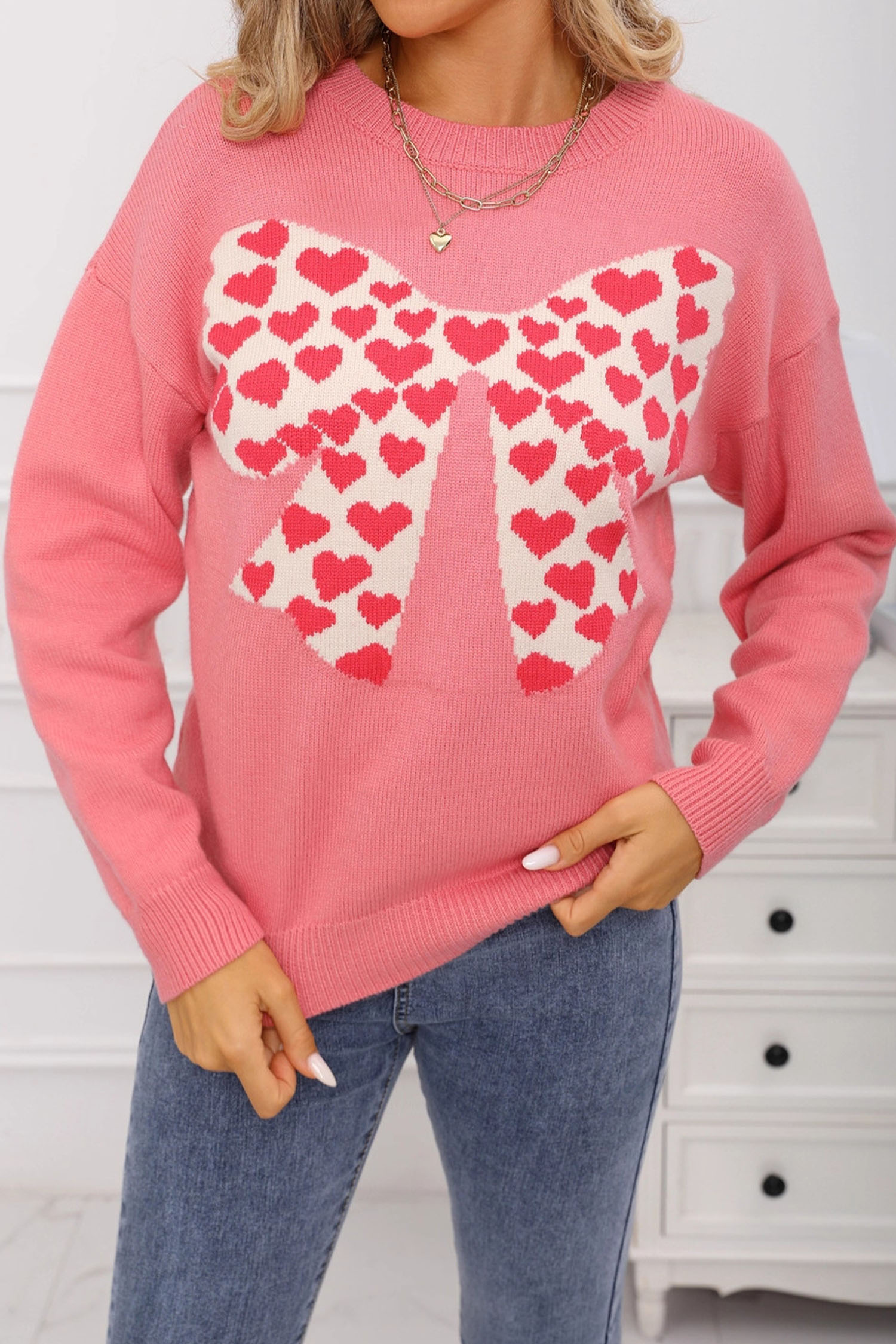 White Heart Bow Graphic Valentine Sweater - loveforevers
