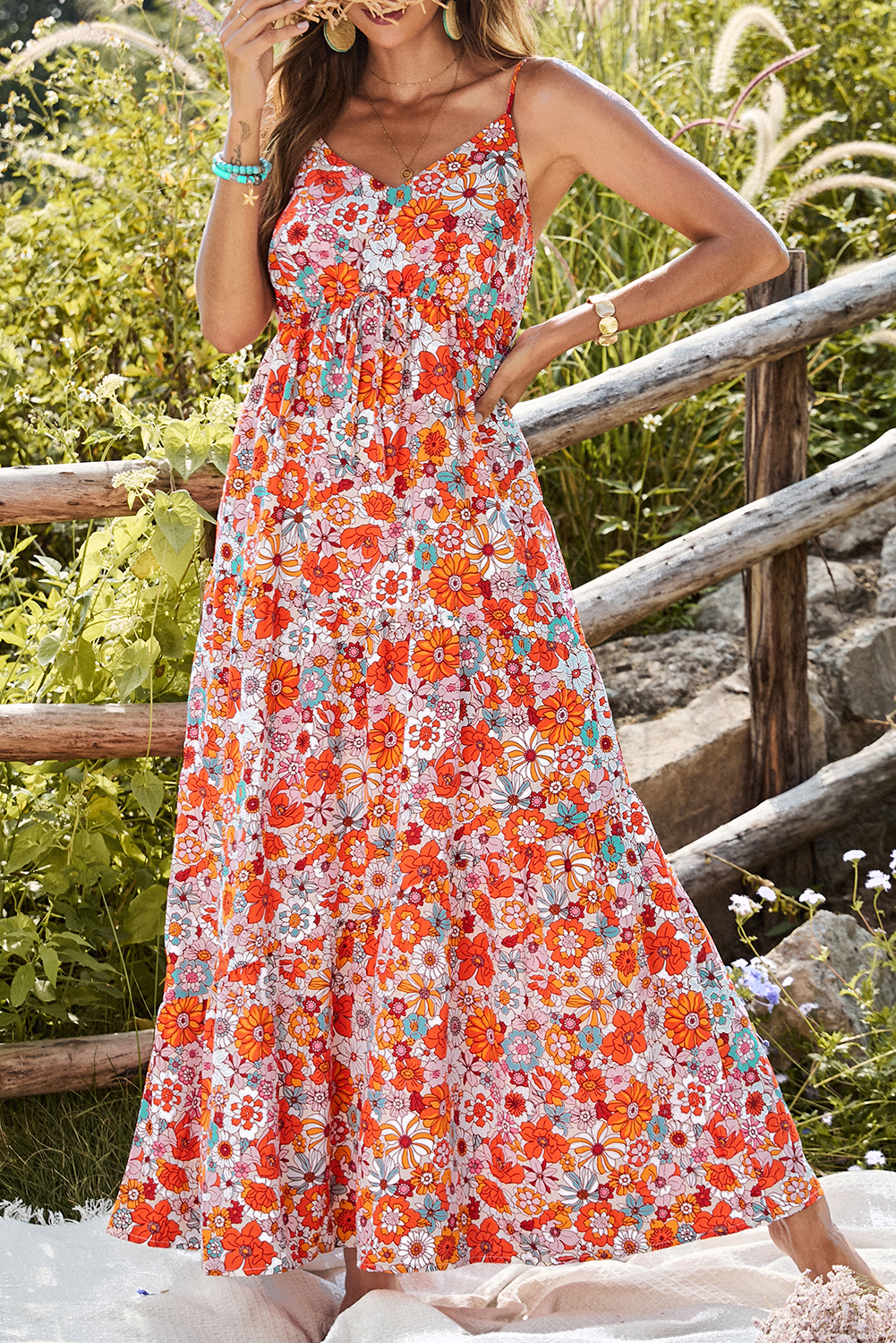 Red Boho Fashion Print Spaghetti Straps Drawstring Maxi Dress - loveforevers