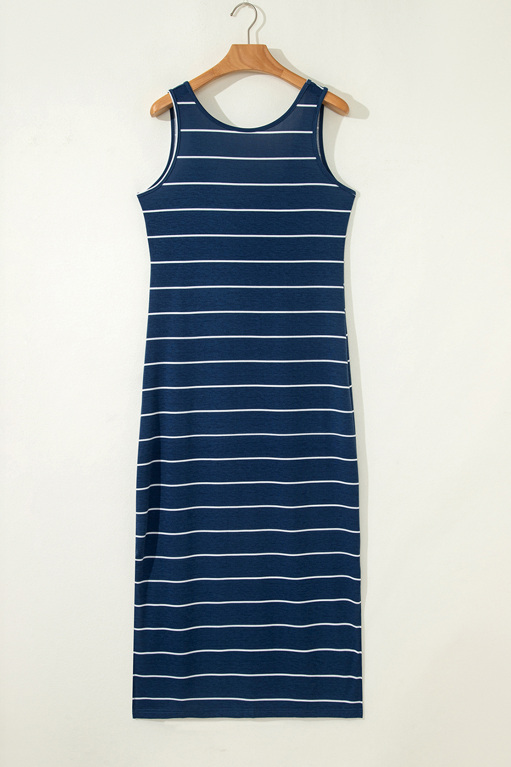 Blue Gray Stripe Print Open Back Sleeveless Maxi Dress with Slits - loveforevers