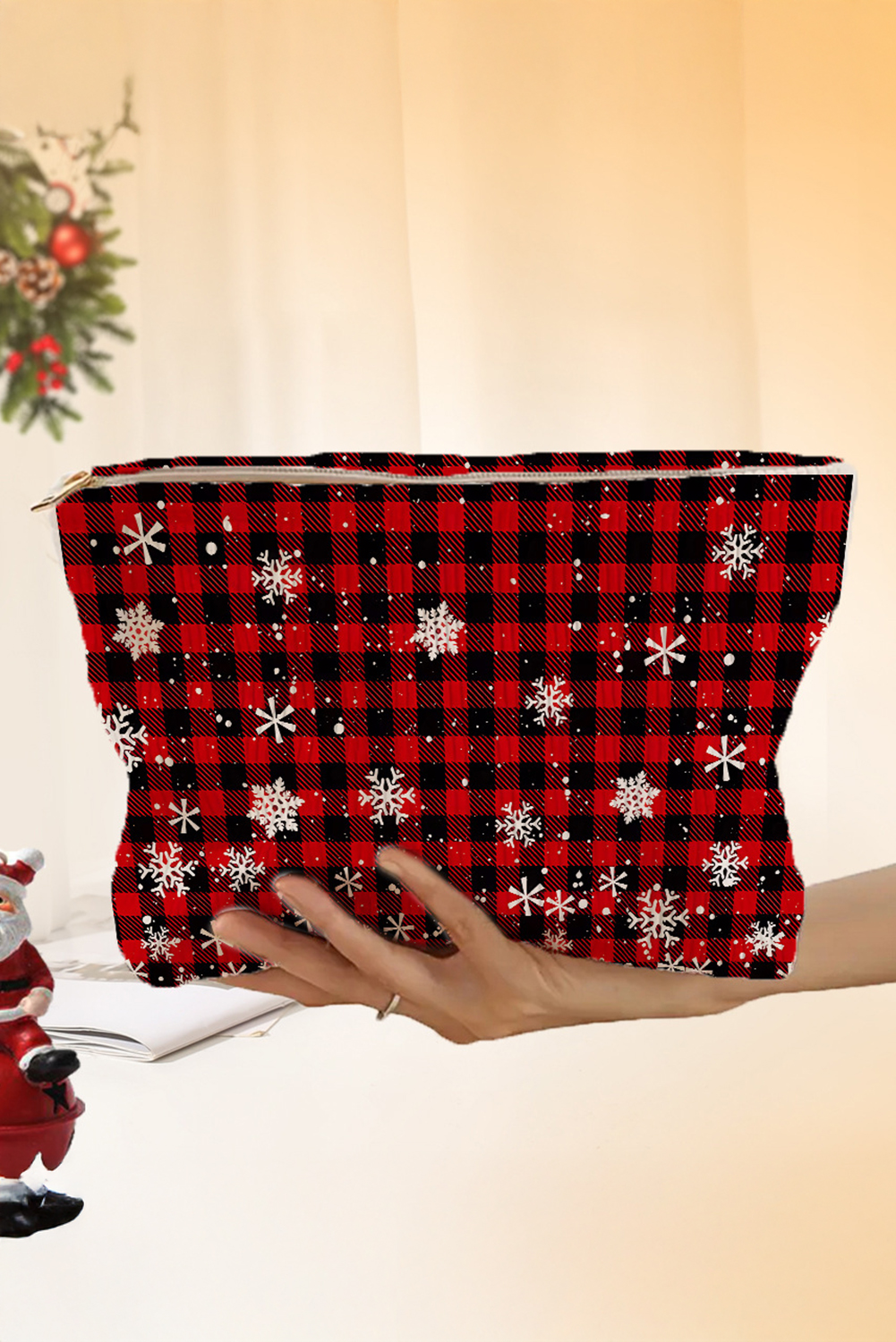 Fiery Red Plaid Christmas Snowflake Print Cosmetic Bag - loveforevers