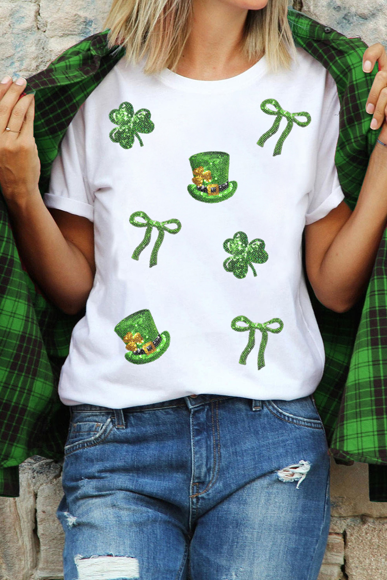 White Coquette St Patricks Day Sequin Graphic T Shirt - loveforevers