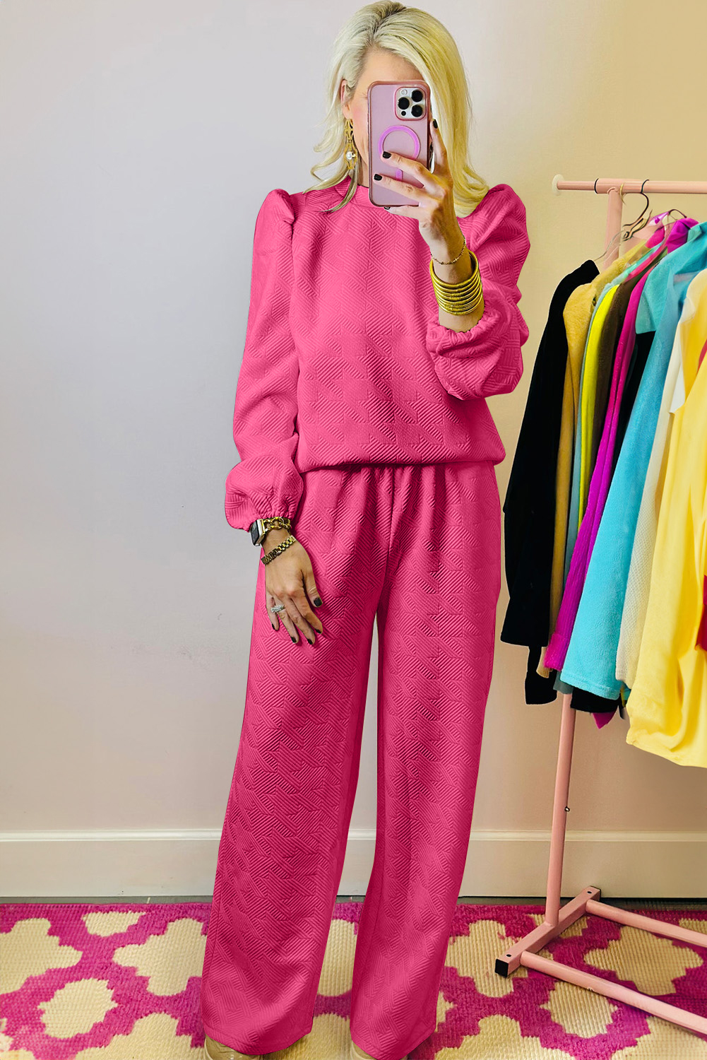 Rose Red Textured Puff Sleeve Top and Pants Set - loveforevers