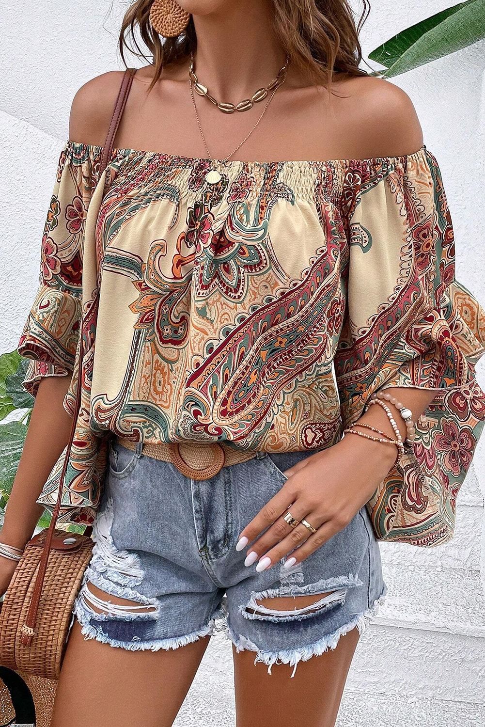 Apricot Paisley Printed Shirred Off Shoulder Ruffled Draped Sleeve Blouse - loveforevers