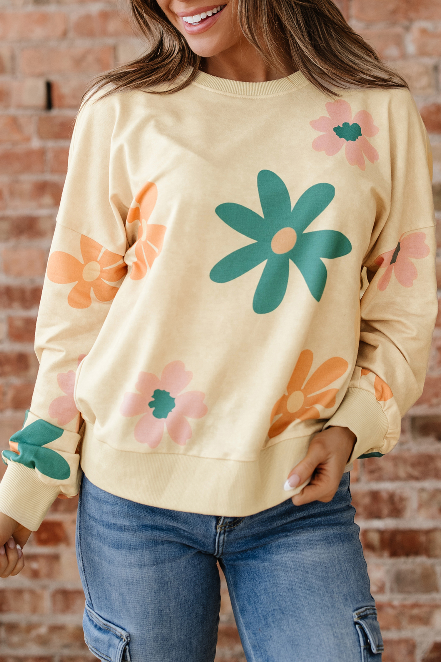 Khaki Mineral Washed French Terry Flower Print Sweatshirt - loveforevers
