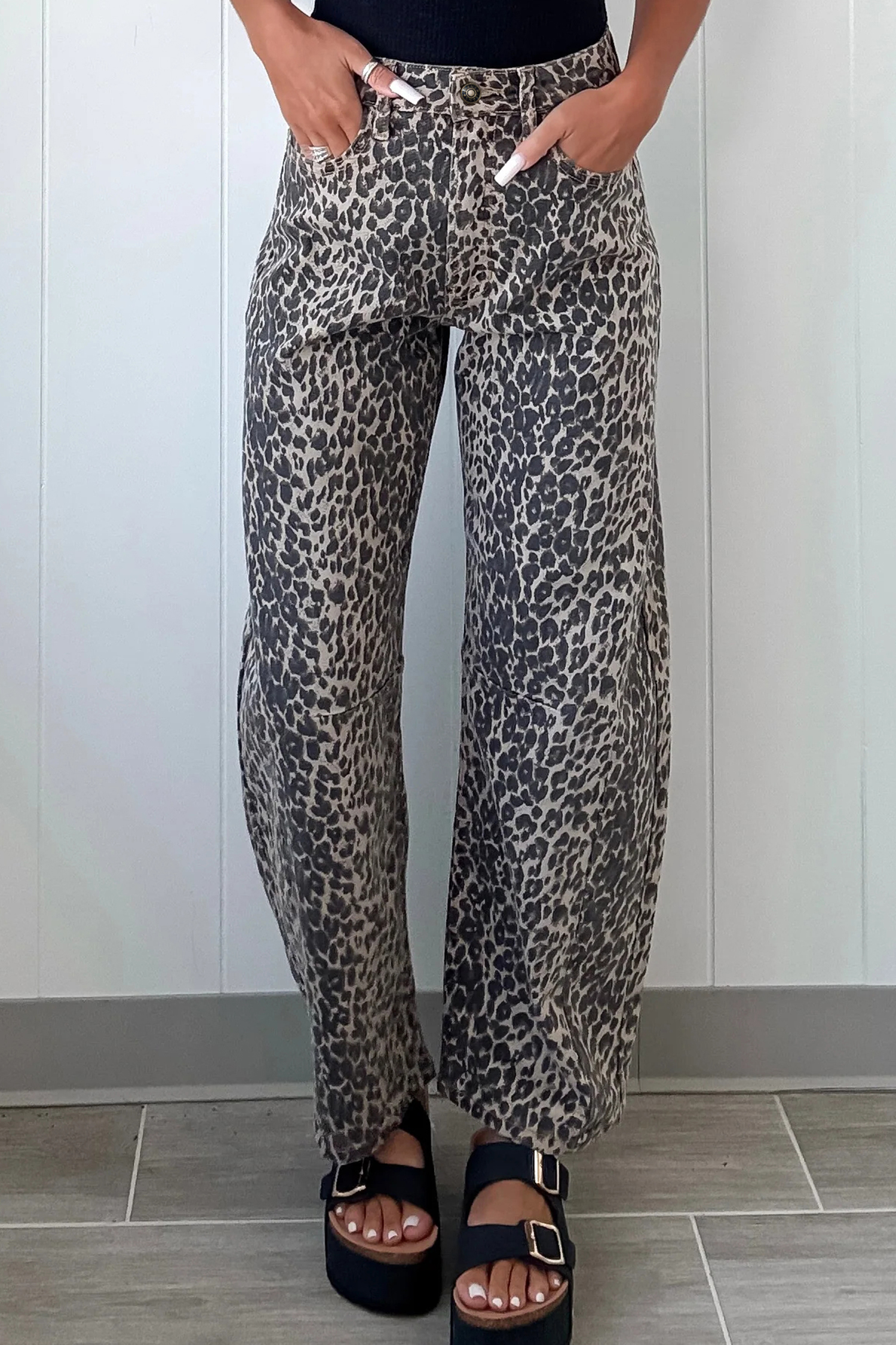 Black Leopard Print High Waist Barrel Jeans - loveforevers