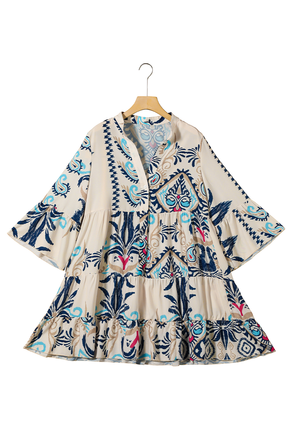 White Printed Tribal Bracelet Sleeve Buttoned Mini Dress - loveforevers