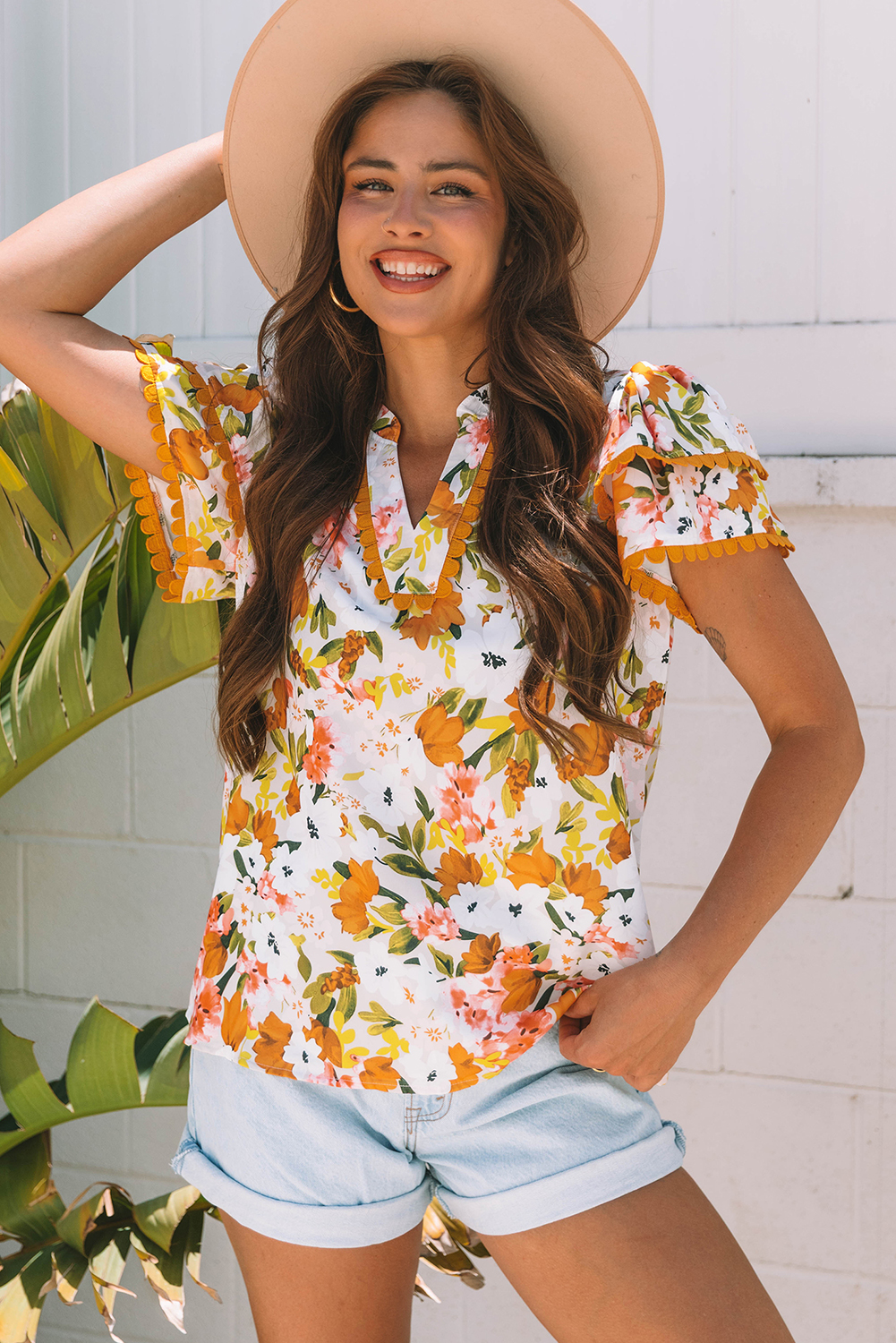 Russet Orange Ruffled V Neck Scalloped Short Sleeve Floral Blouse - loveforevers