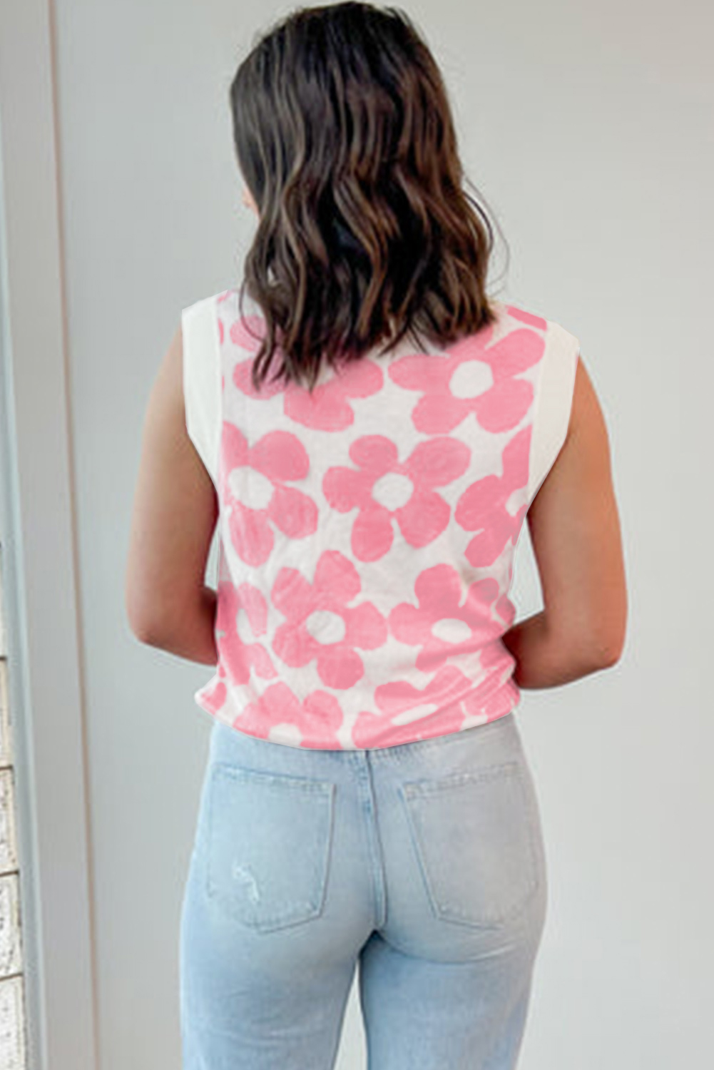 Pink Cute Flower Knitted V Neck Tank Top - loveforevers