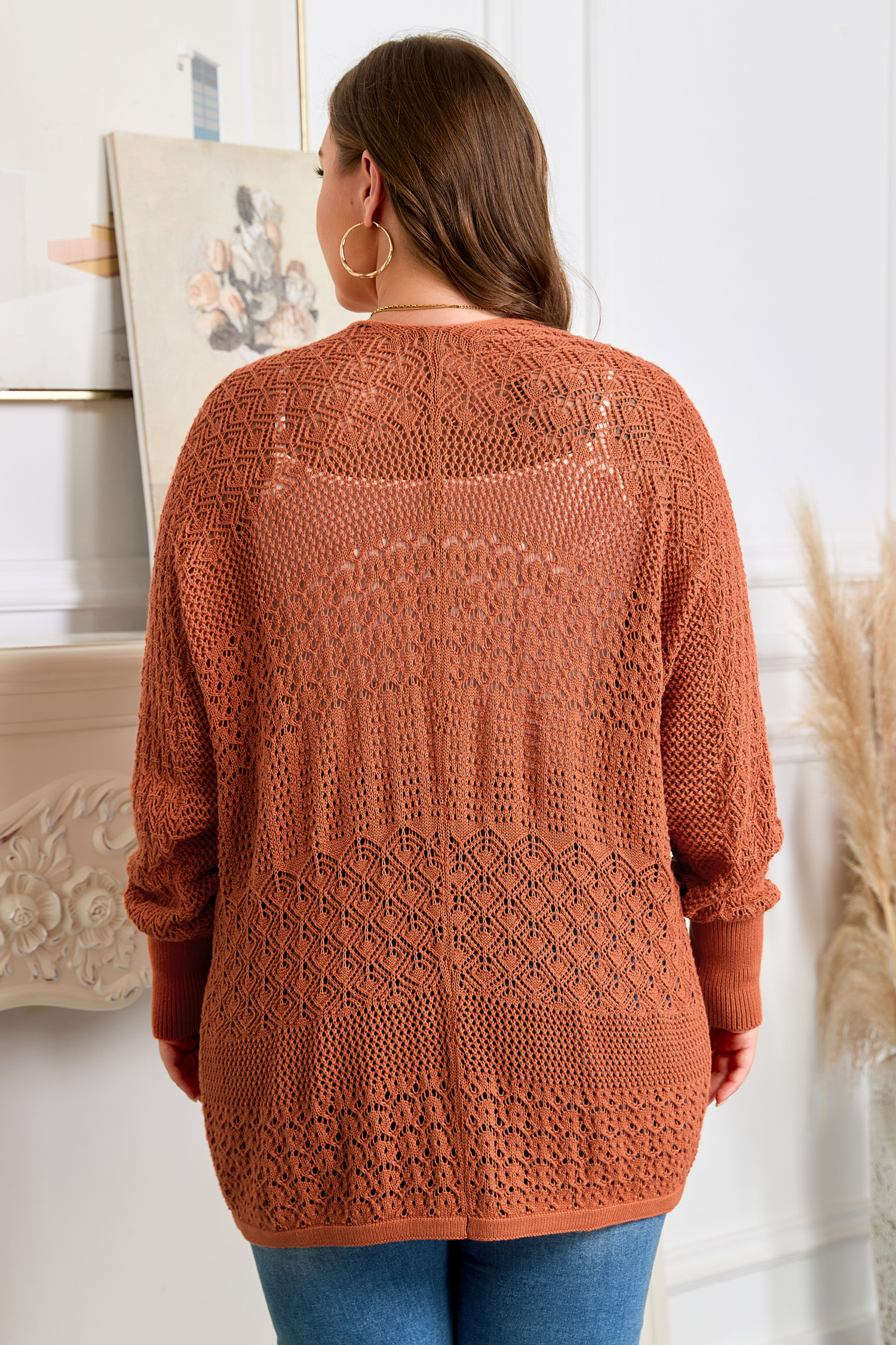 Redwood Burl Mixed Pattern Knitted Open Front Plus Cardigan - loveforevers