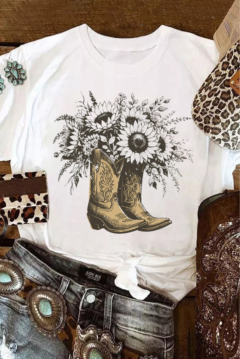 White Sunflower Cowgirl Boots Cotton Blend Graphic Tee - loveforevers