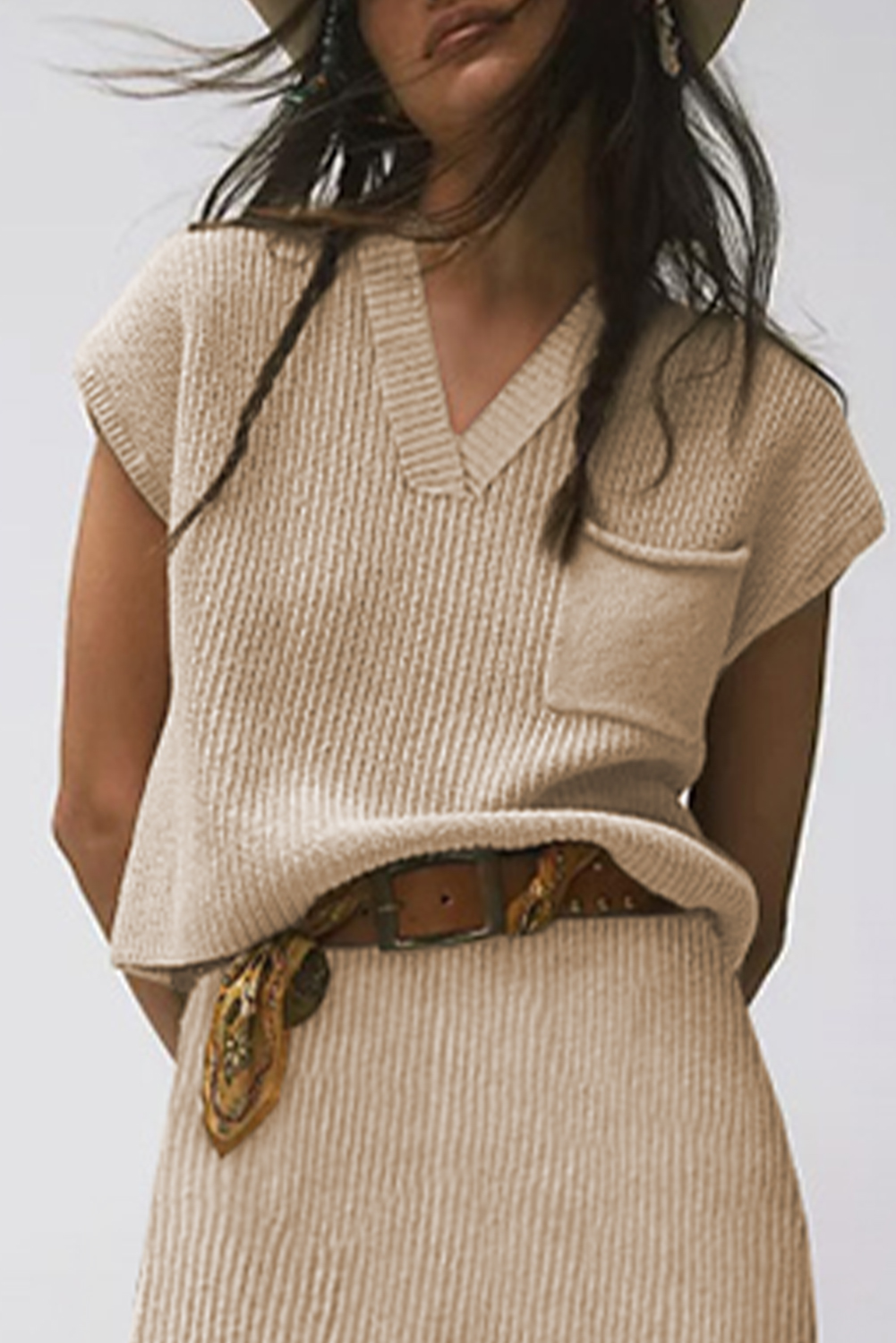 Apricot Chest Pocket V Neck Ribbed Cap Sleeve Sweater - loveforevers