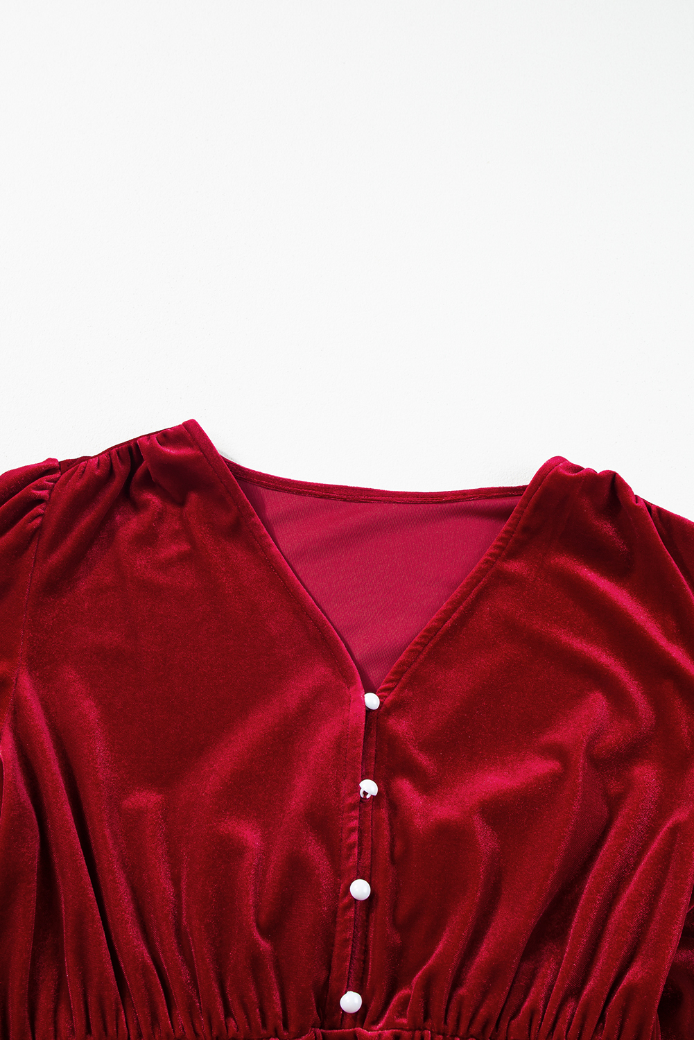 Dearlove Racing Red Velvet Buttoned Puff Sleeve V Neck Split Midi Dress - loveforevers