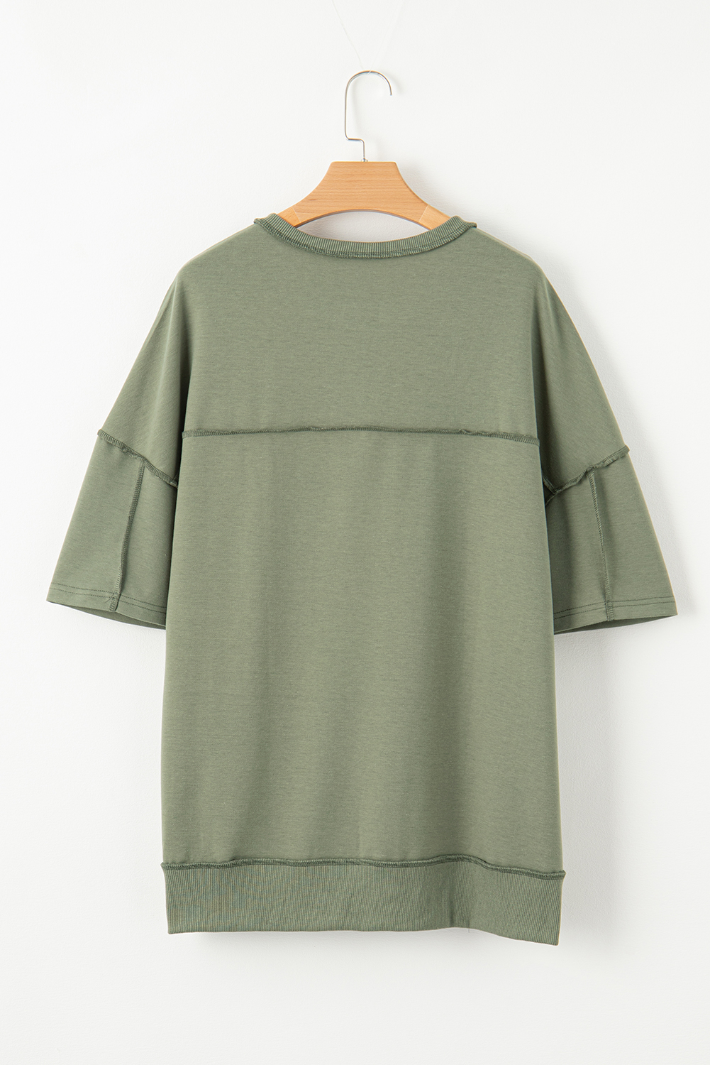 Jungle Green Exposed Seam Button Neck Wide Sleeve Tunic Top - loveforevers
