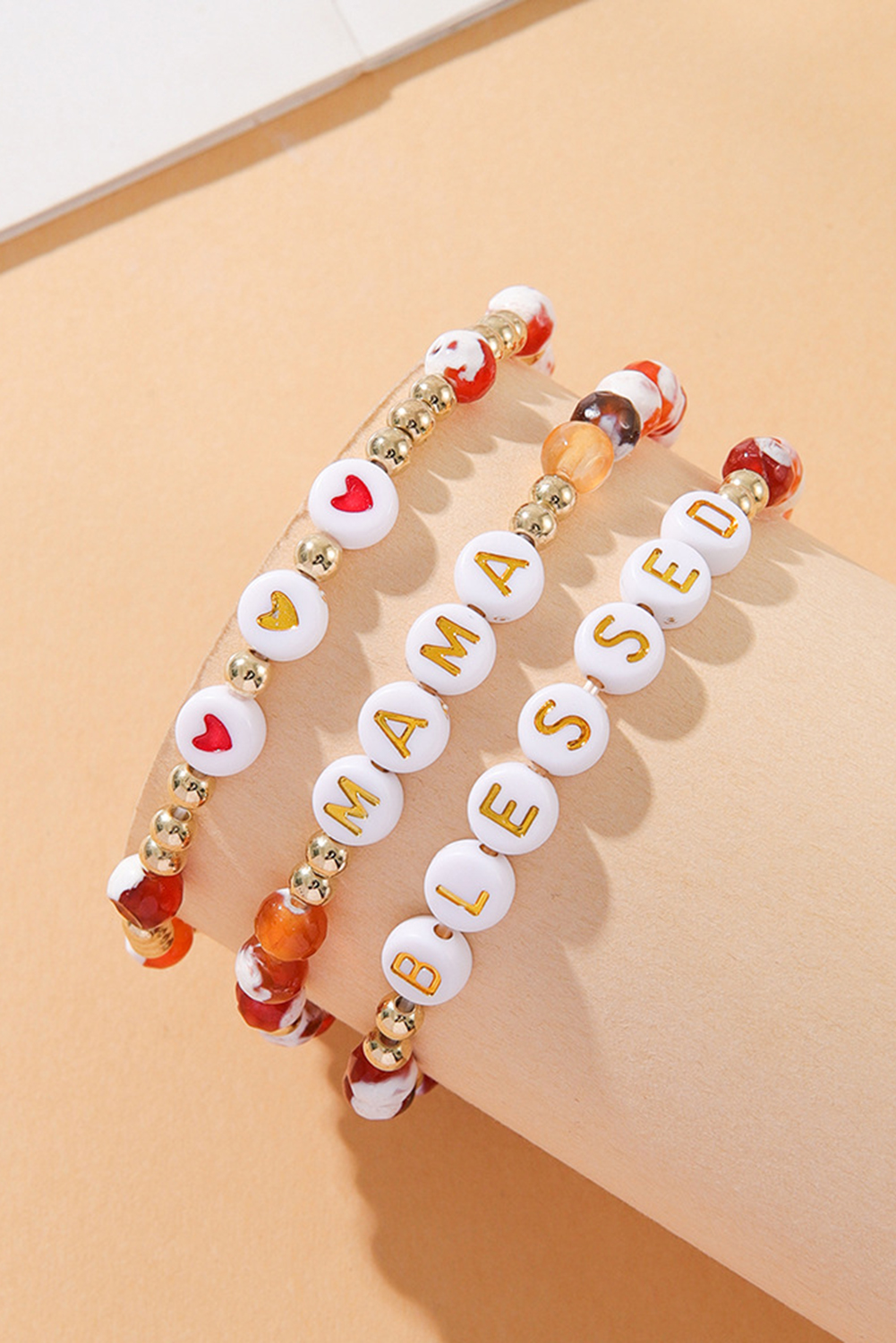 Gold MAMA Beaded Triple Layer Bracelet Set - loveforevers