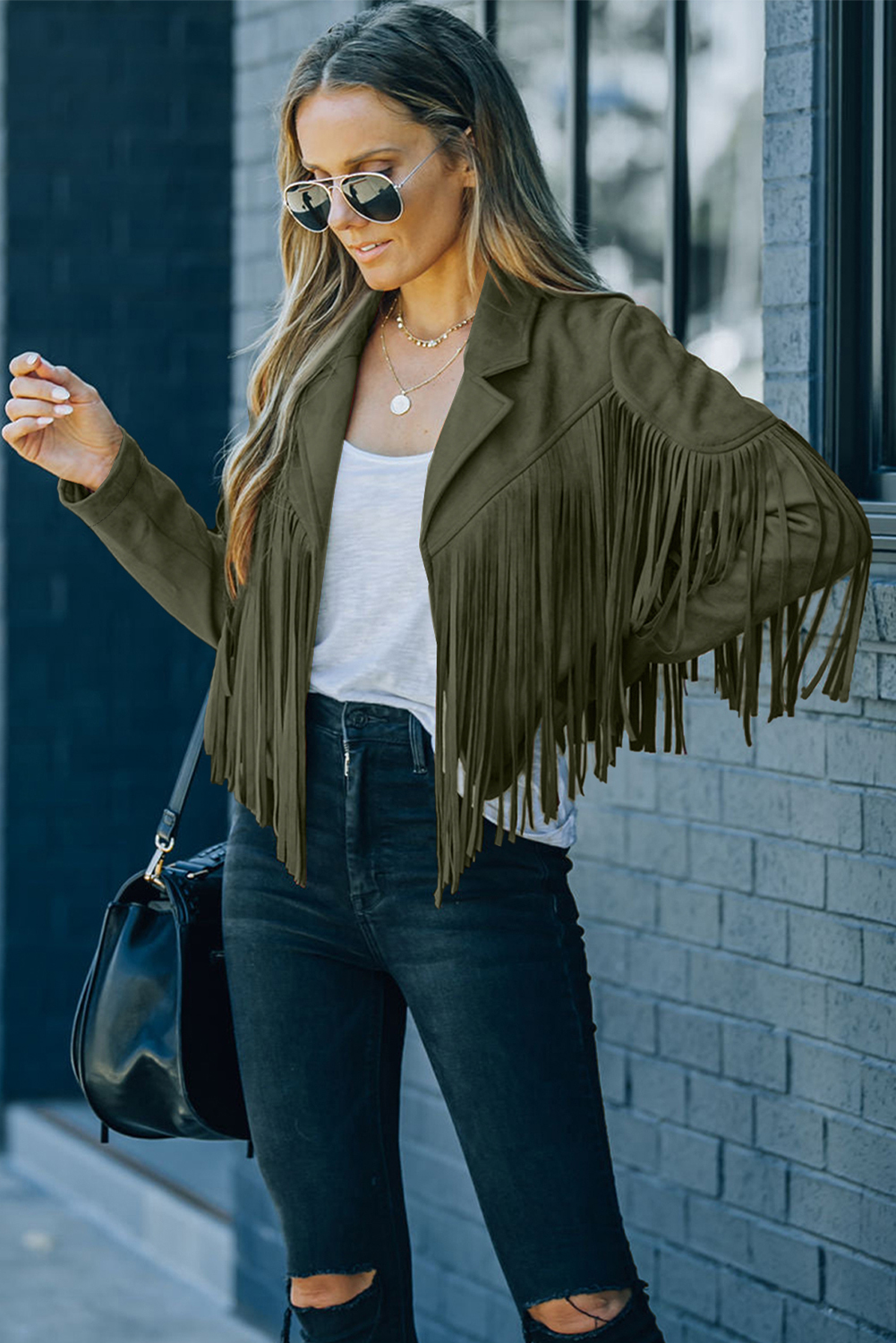 Gray Cropped Fringe Faux Suede Jacket - loveforevers