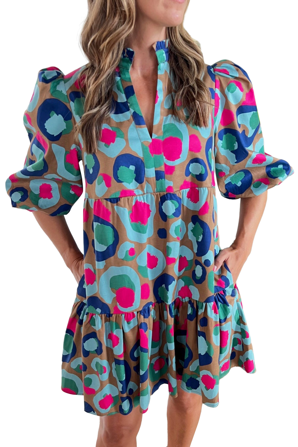 Green Leopard Print Bubble Sleeve Slit Neck Ruffled Dress - loveforevers