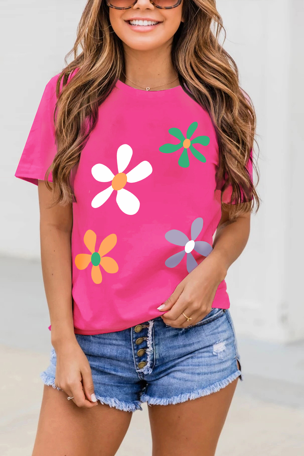 Rose Red Summer Flower Print Fashion Cotton Tee - loveforevers
