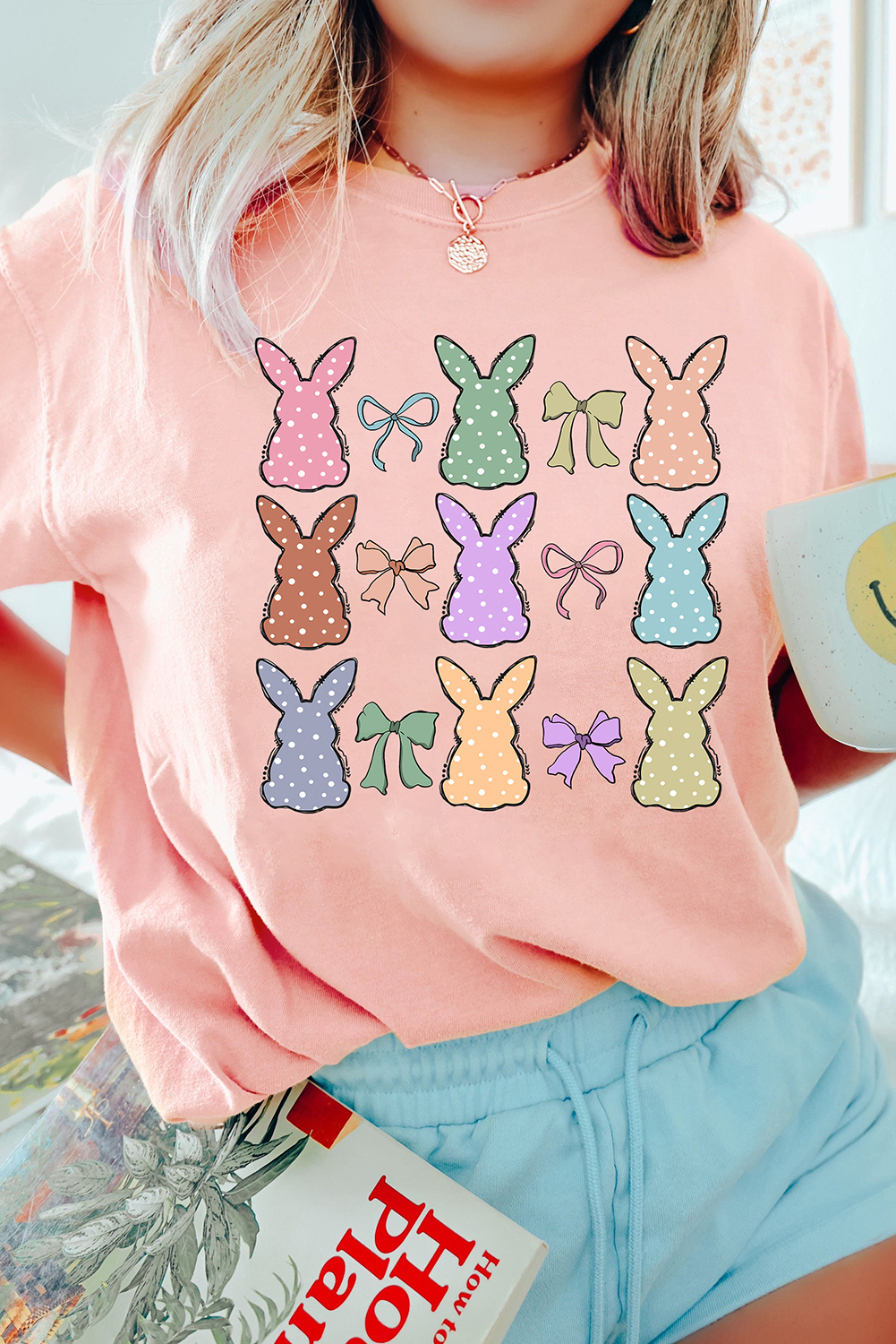 Pink Dotty Bunny Bow Printed Easter Day Fashion T Shirt - loveforevers