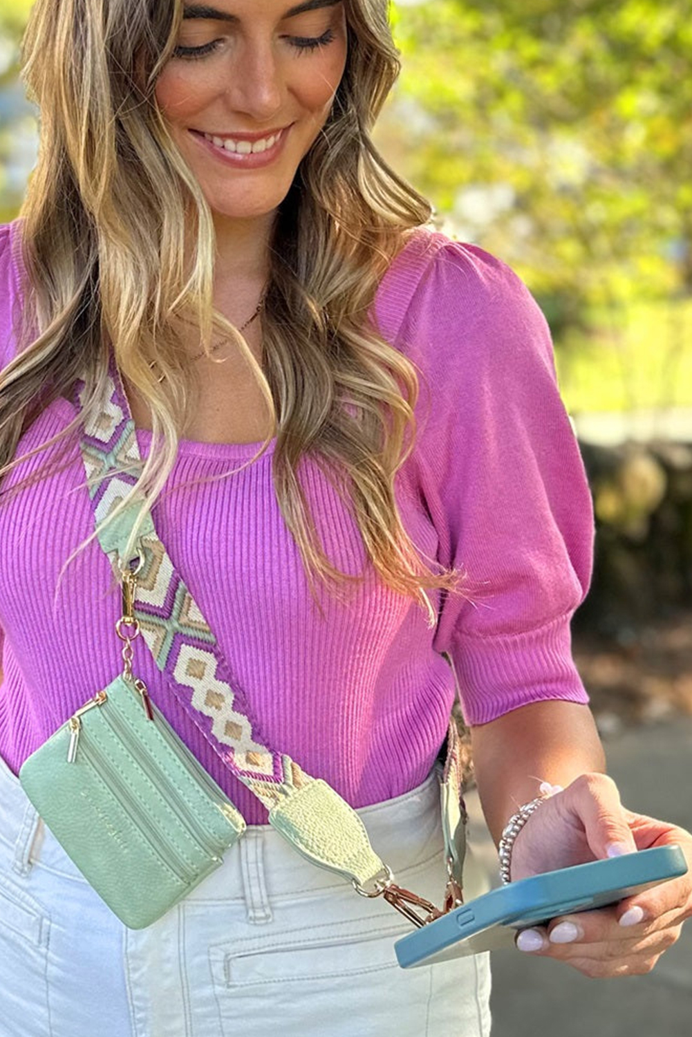 Sea Green Geometric Printed Phone Strap And Detachable Zipped Pouch - loveforevers