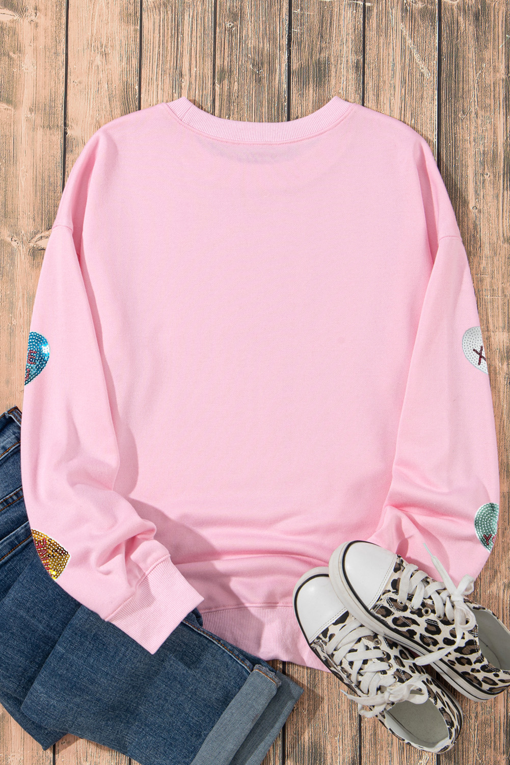 Pink Sequin Valentines Lettering Heart Patched Crewneck T Shirt - loveforevers