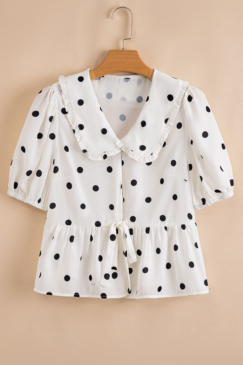 White Polka Dot Collared Lace up Font Puff Sleeve Peplum Top - loveforevers