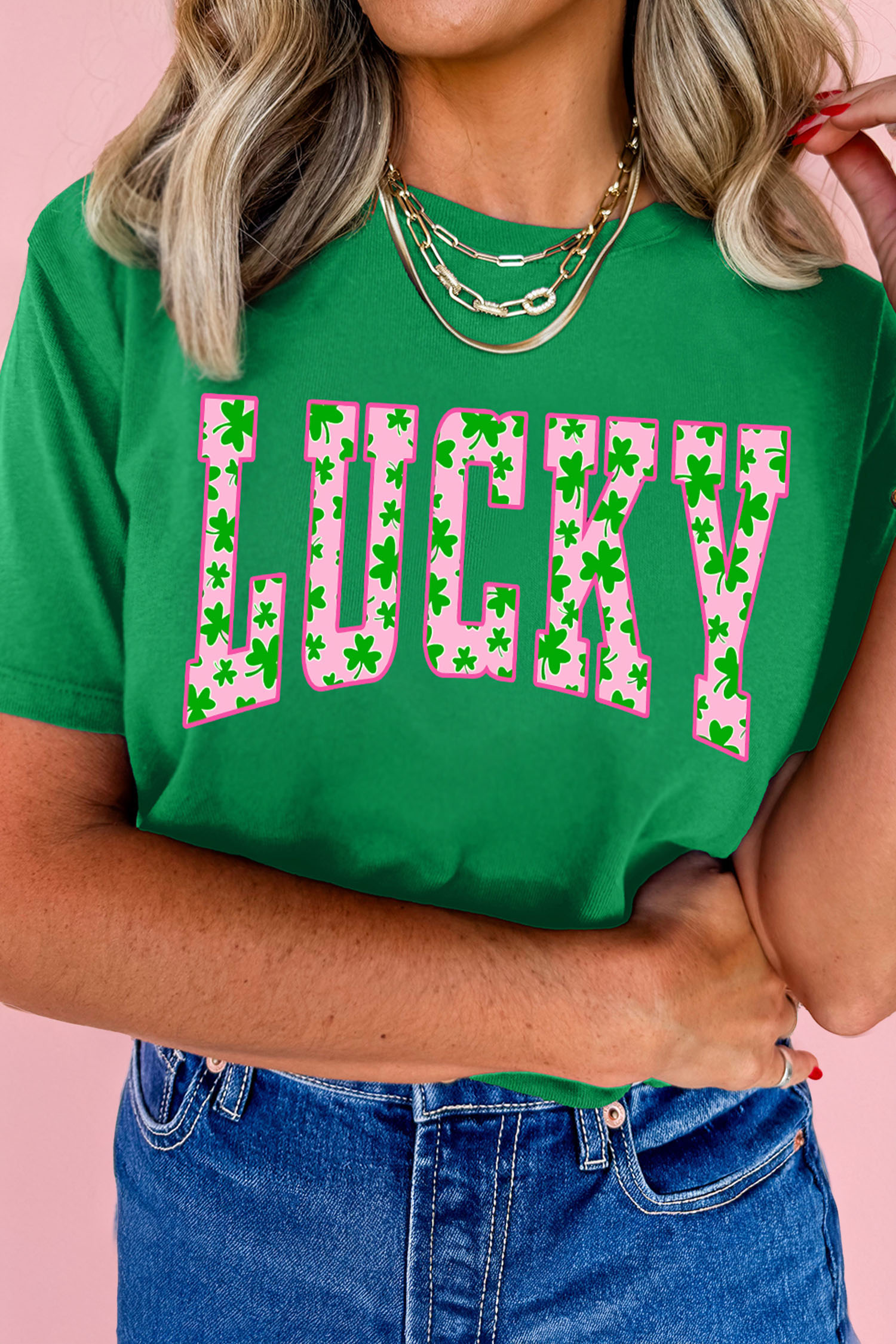 Bright Green LUCKY Clover Letter Printed Crew Neck T Shirt - loveforevers