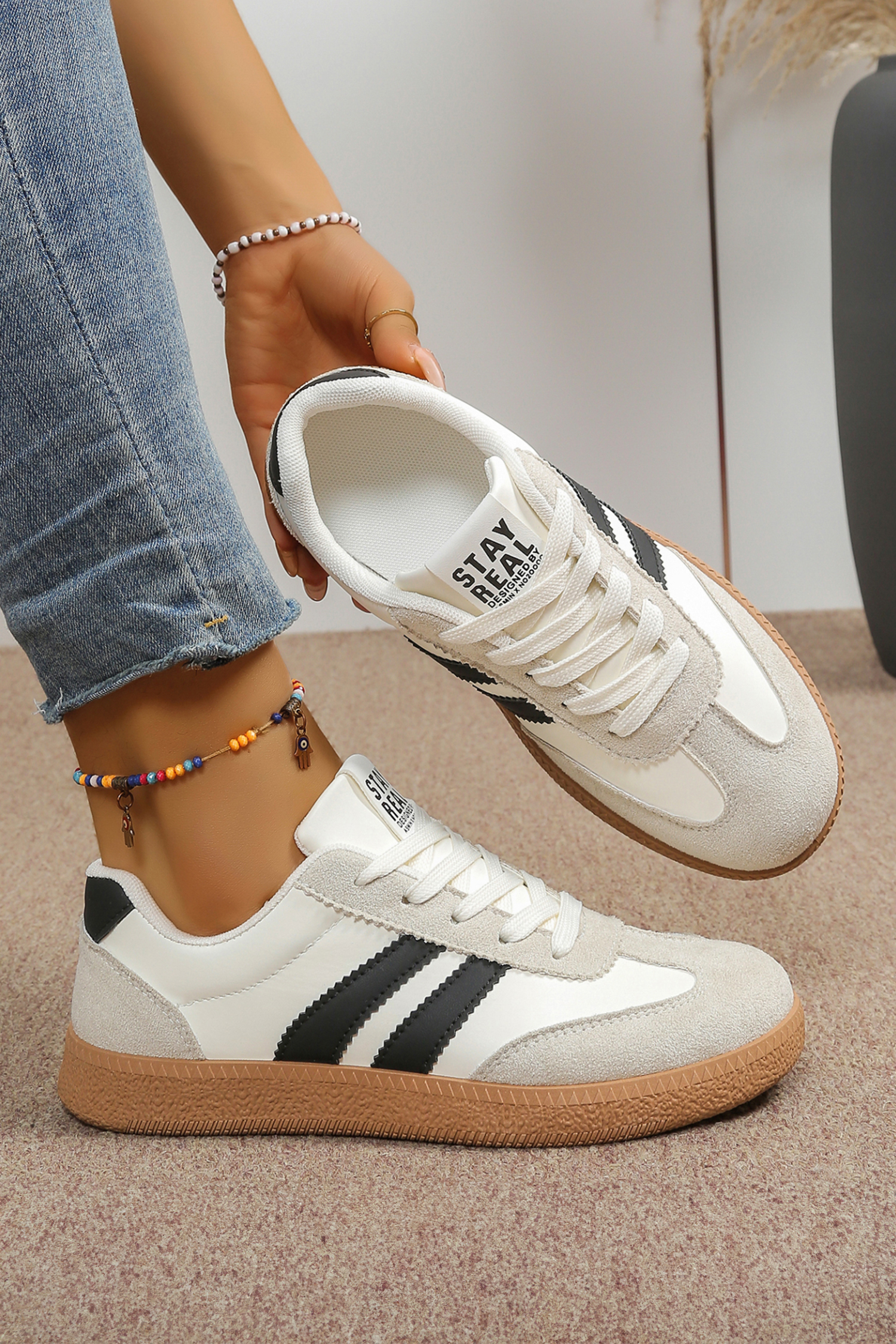 White Varsity Color Block Patchwork PU Leather Lace Up Shoes - loveforevers