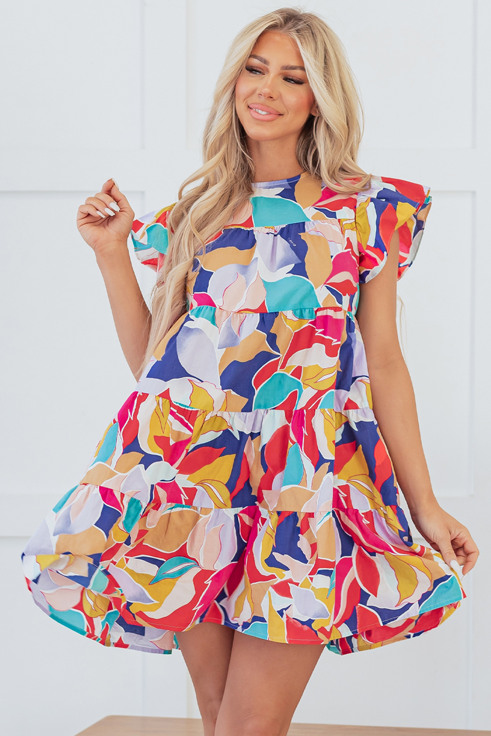 Pink Abstract Printed Ruffled Flutter Sleeve Tiered Mini Dress - loveforevers