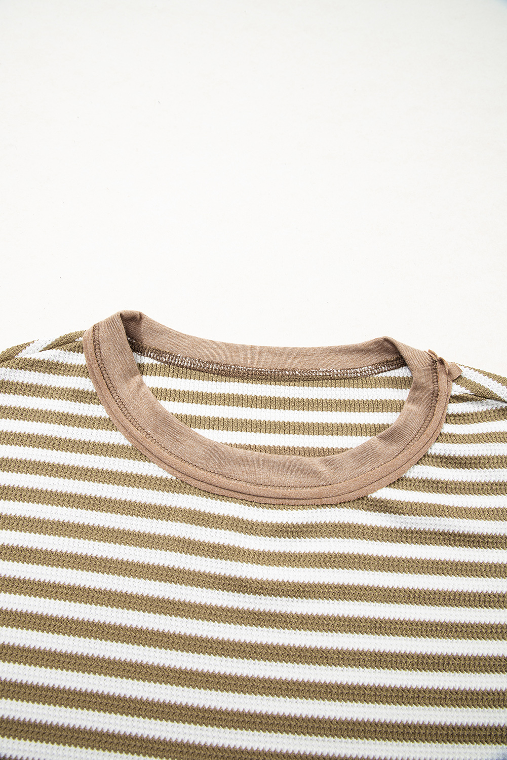 Dearlovers Green Stripe Thermal Knit Drop Shoulder Casual Top - loveforevers