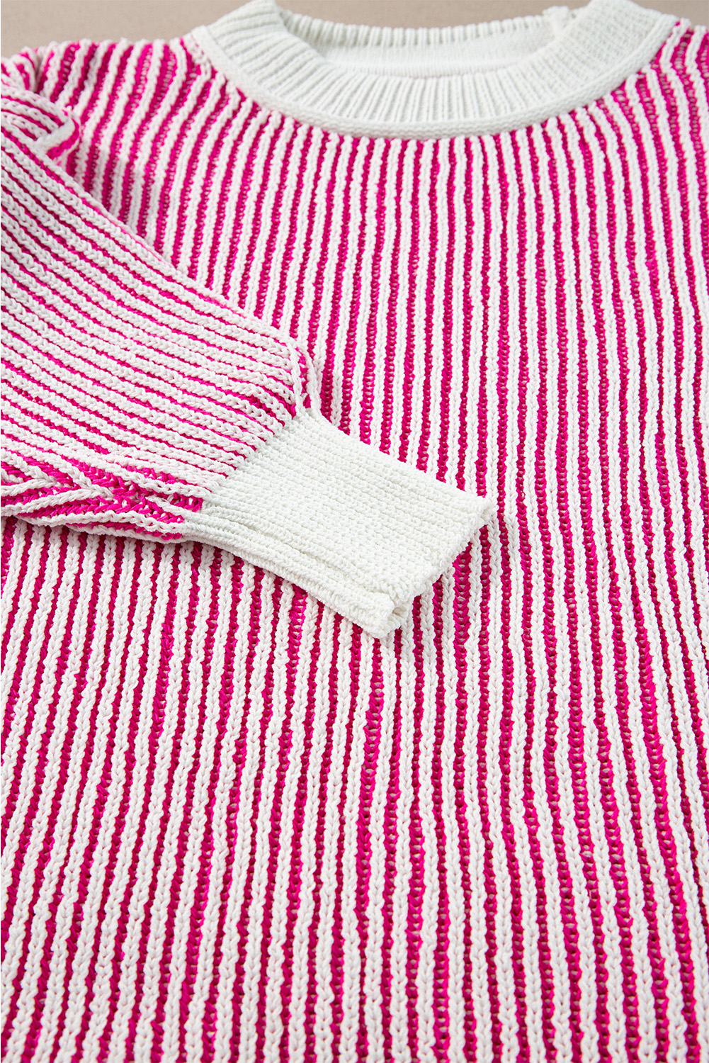 Bright Pink Striped Textured Knit Contrast Edge Loose Sweater - loveforevers