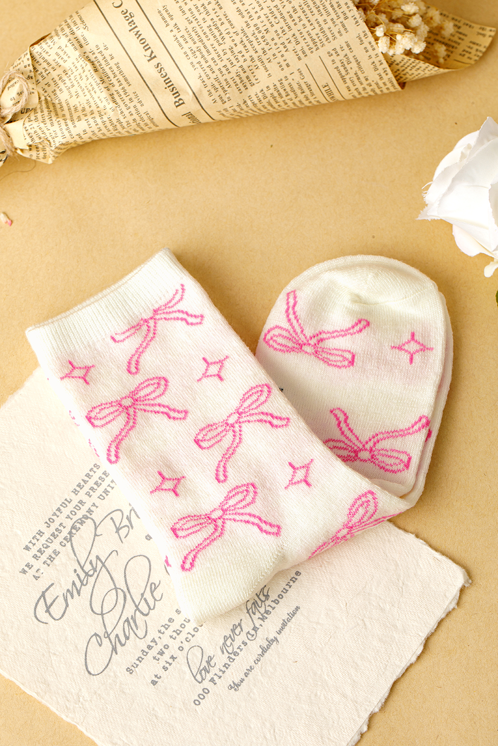 Pink Sweet Bowknot Print Mid Calf Socks - loveforevers