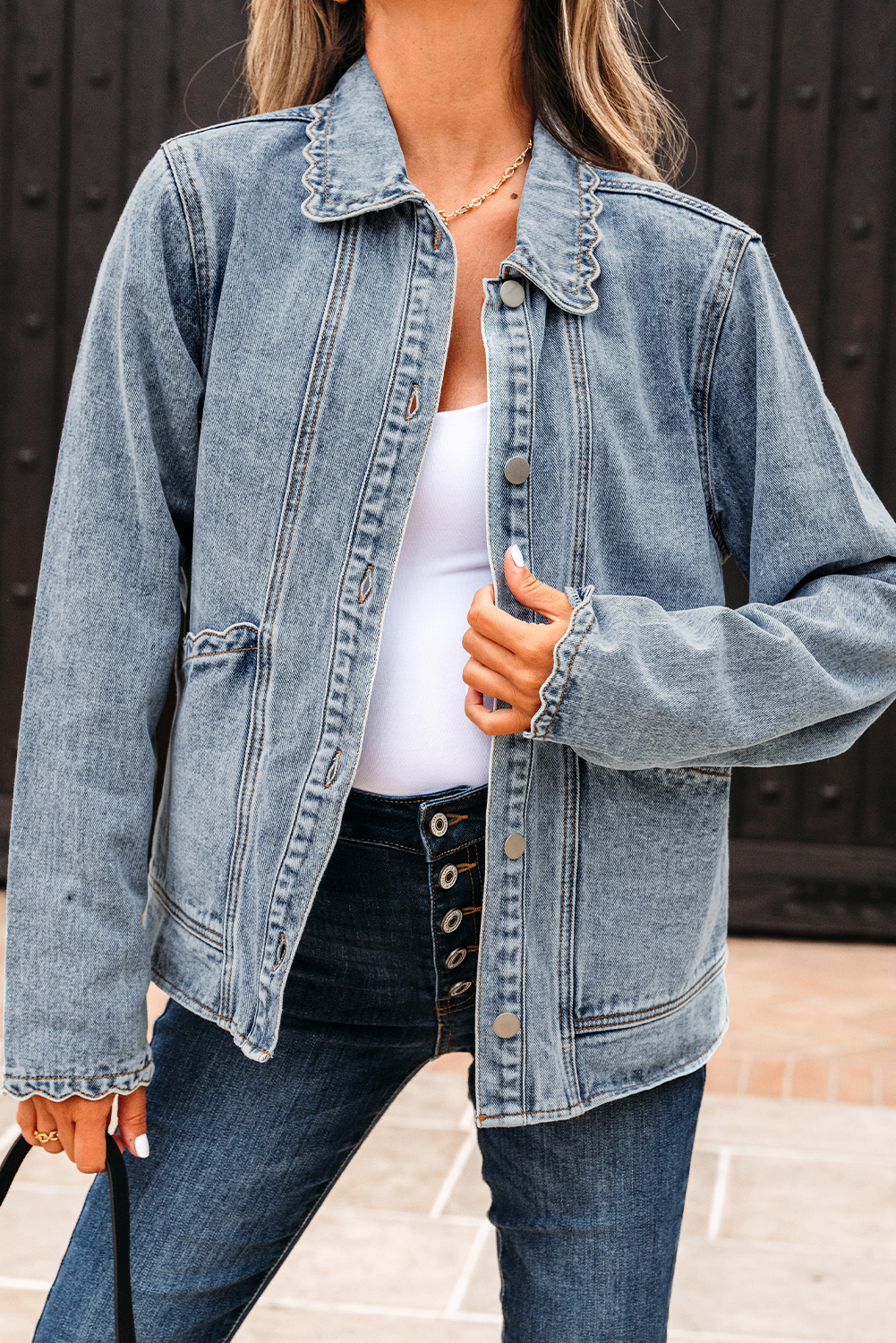 Myosotis Scallop Trim Collar Patched Pocket Button Up Mineral Washed Denim Jacket - loveforevers