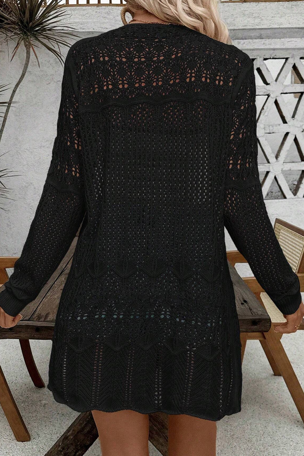 Black Crochet Hollow Out Open Front Cardigan - loveforevers