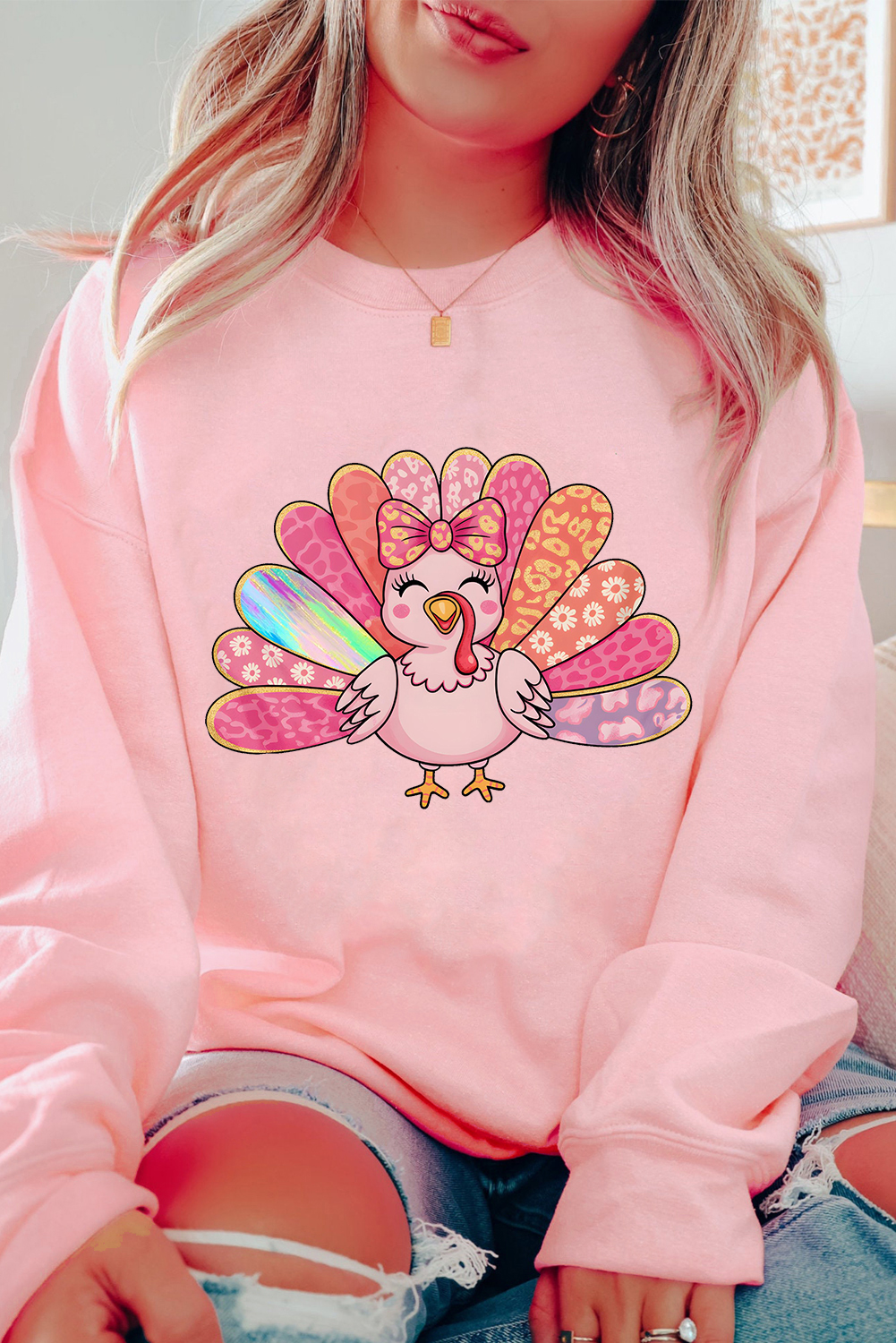 Pink Cute Thanksgiving Turkey Printed Drop Shoulder Sweatshirt - loveforevers