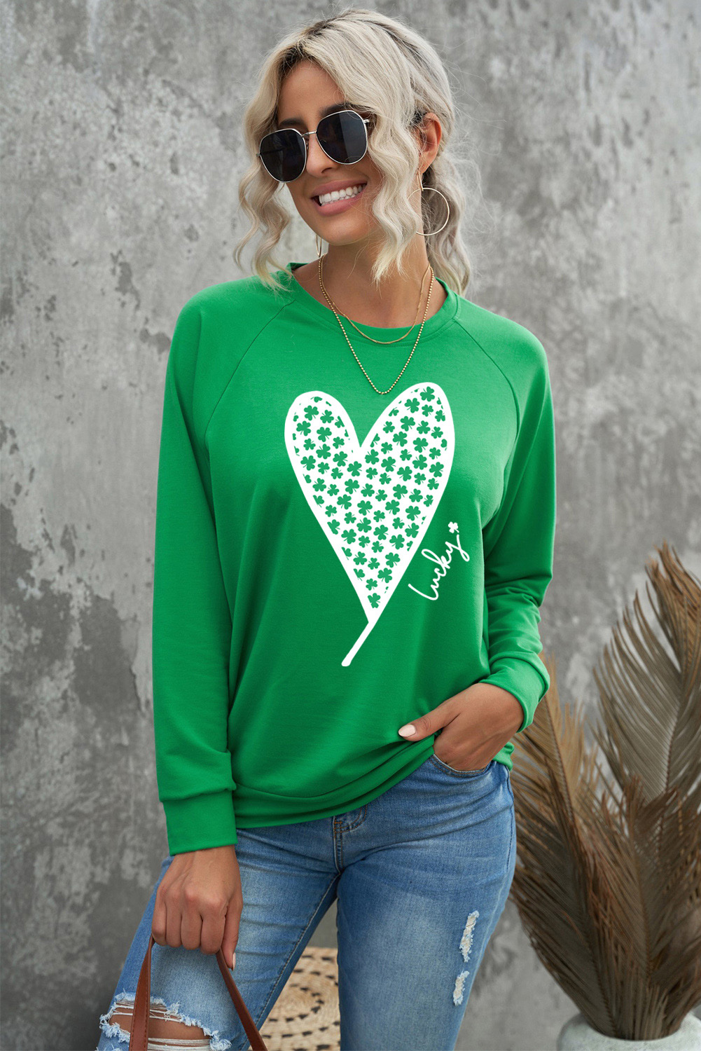 Green St. Patricks LUCKY Clover Print Raglan Sleeve Sweatshirt - loveforevers