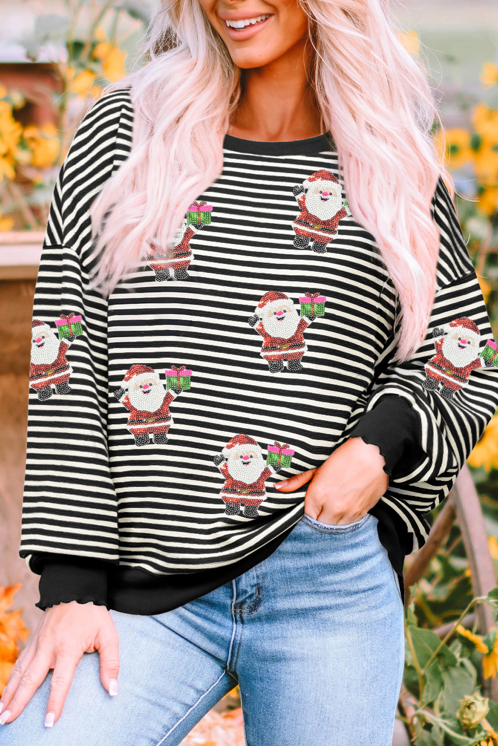 Black Stripe Santa Delivery Gift Sequin Patched Graphic Long Sleeve Top - loveforevers