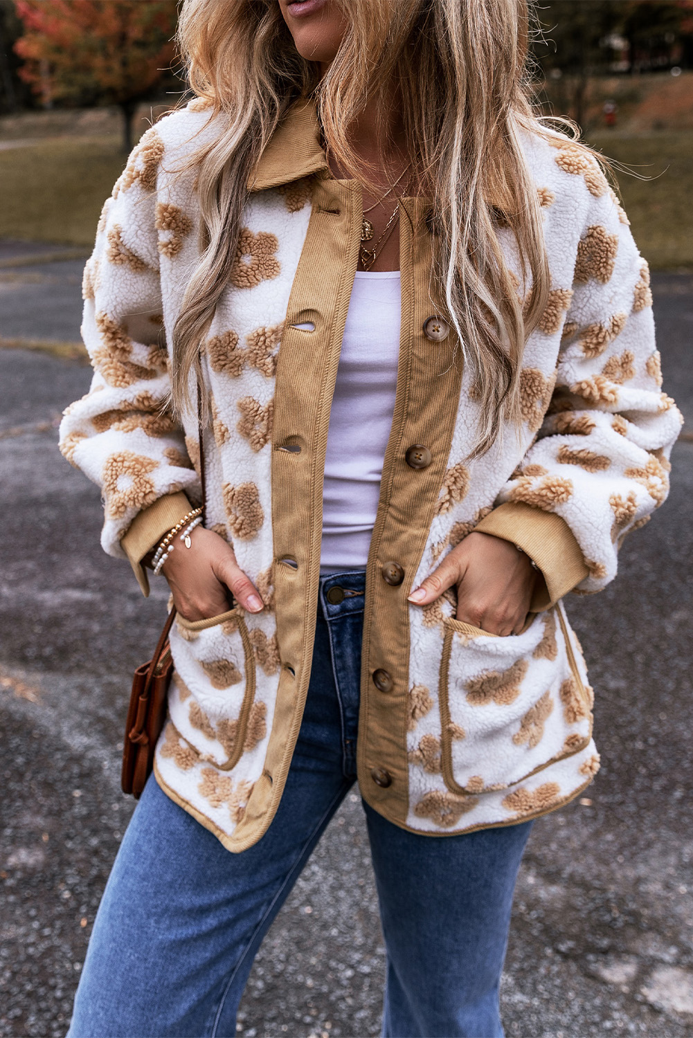 Light French Beige Cute Flower Pattern Button Up Fleece Jacket - loveforevers