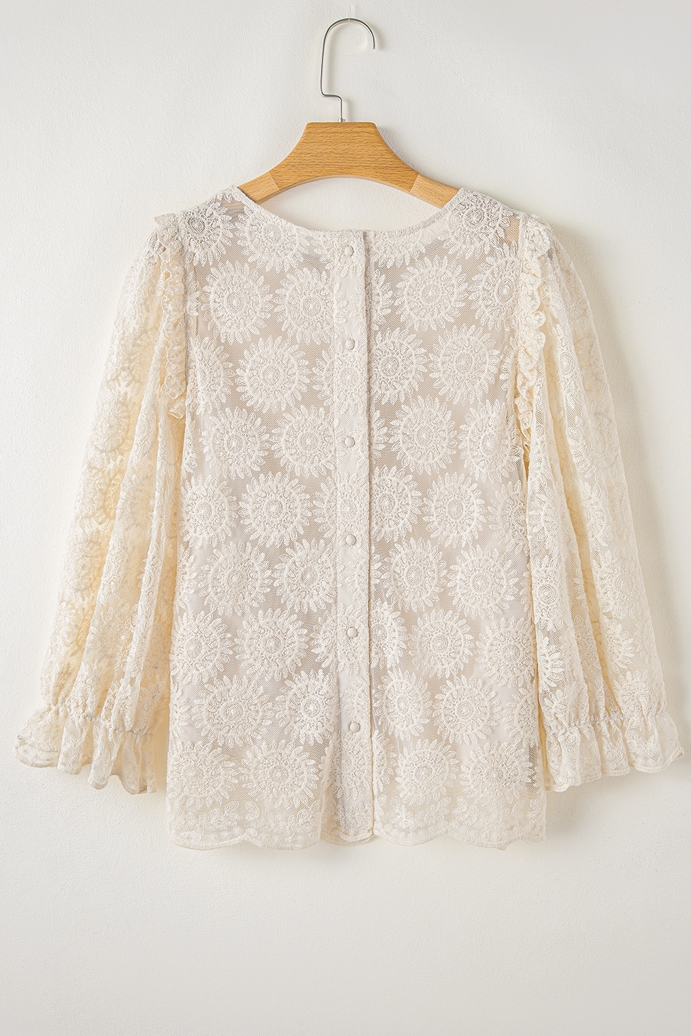 Oatmeal Flower Jacquard Button Back Ruffled 3/4 Sleeve Blouse - loveforevers