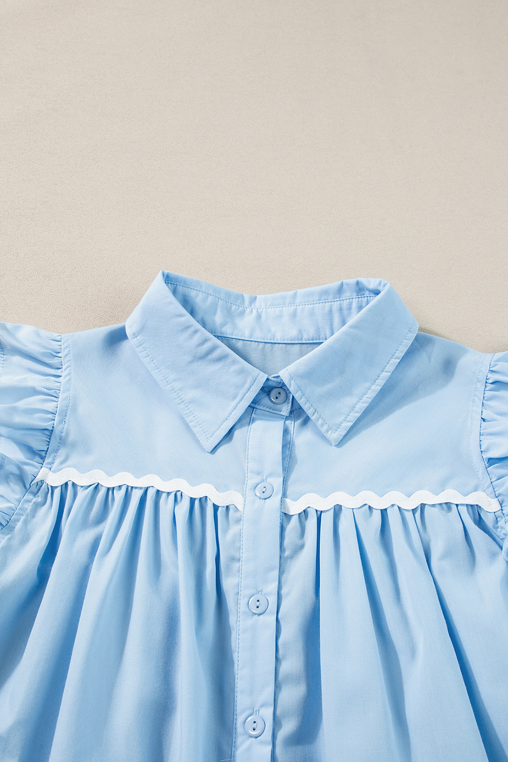 Sky Blue Ric Rac Trim Frilly Sleeveless Shirt - loveforevers