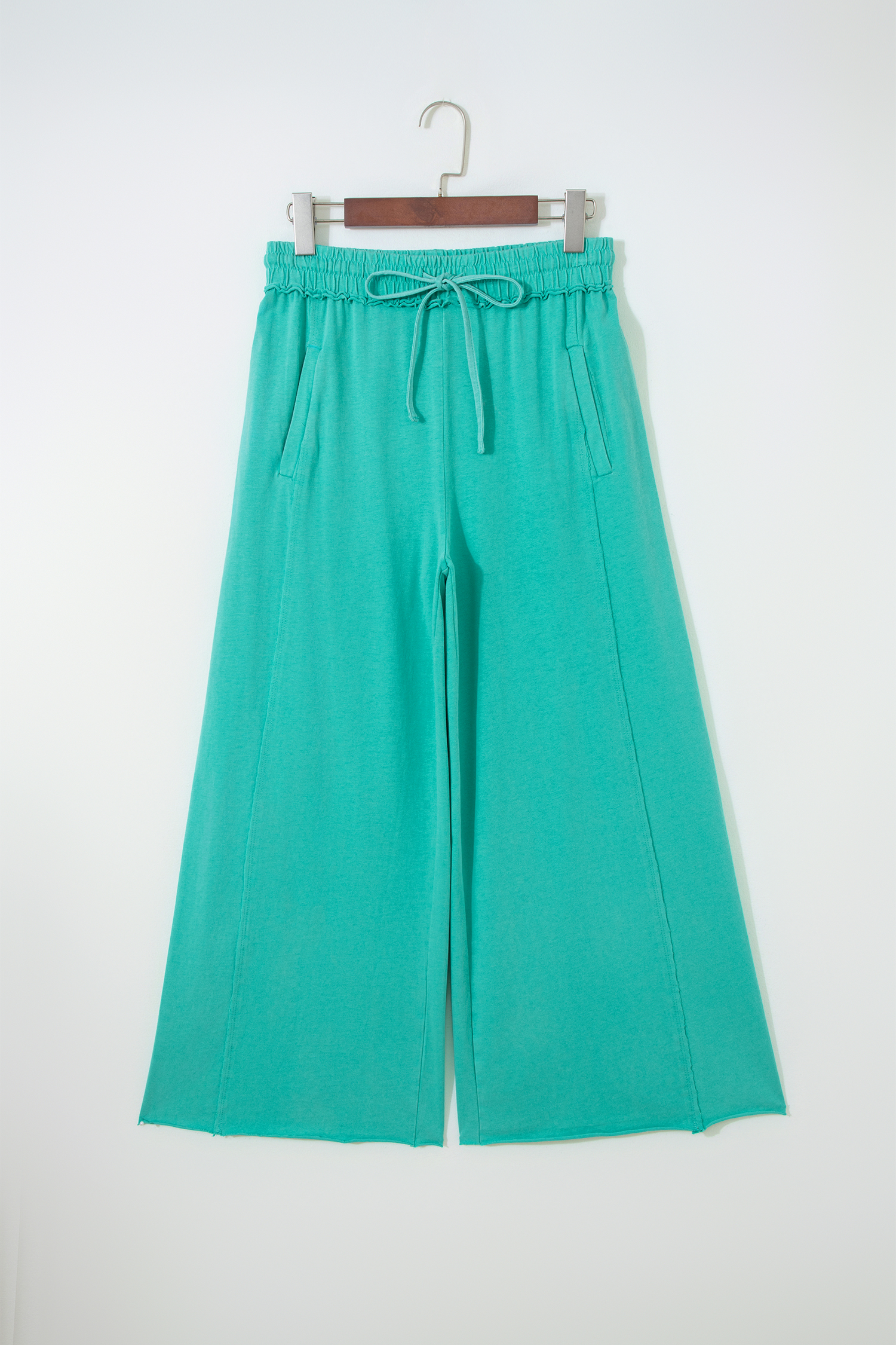 Sea Green Mineral Wash Drawstring Elastic Waist Raw Hem Loose Pants - loveforevers