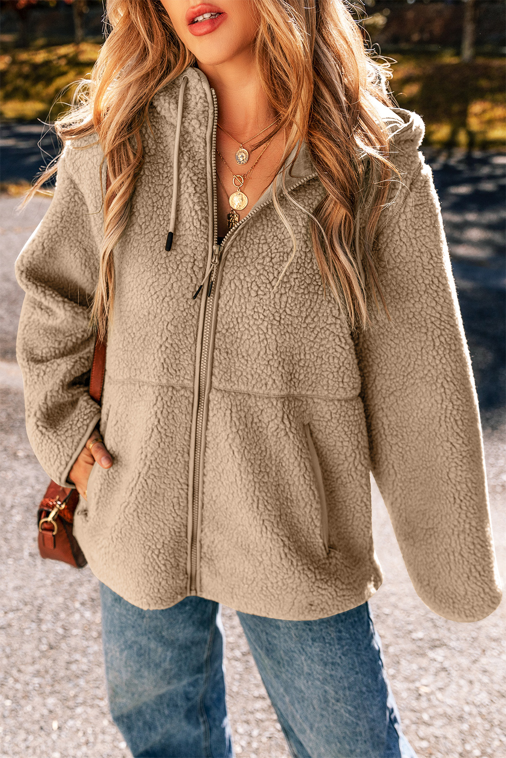 Pale Khaki Fleece Zip Up Drawstring Hooded Pocketed Jacket - loveforevers