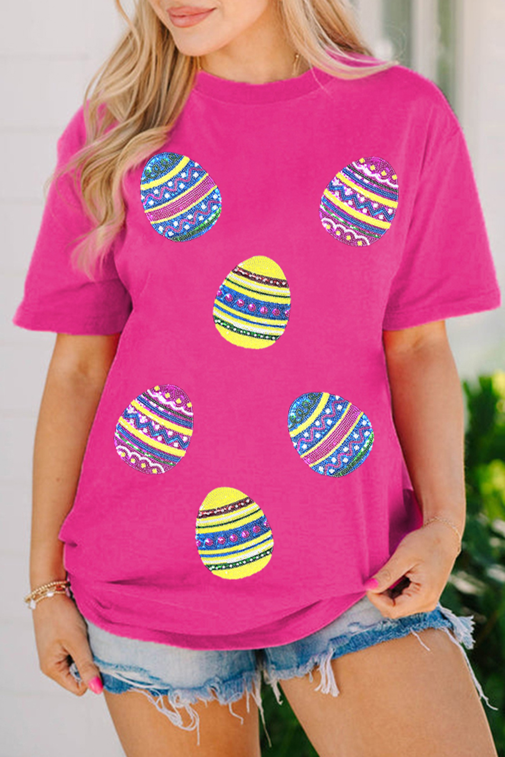 Rose Red Sequin Easter Egg Graphic Casual T Shirt - loveforevers