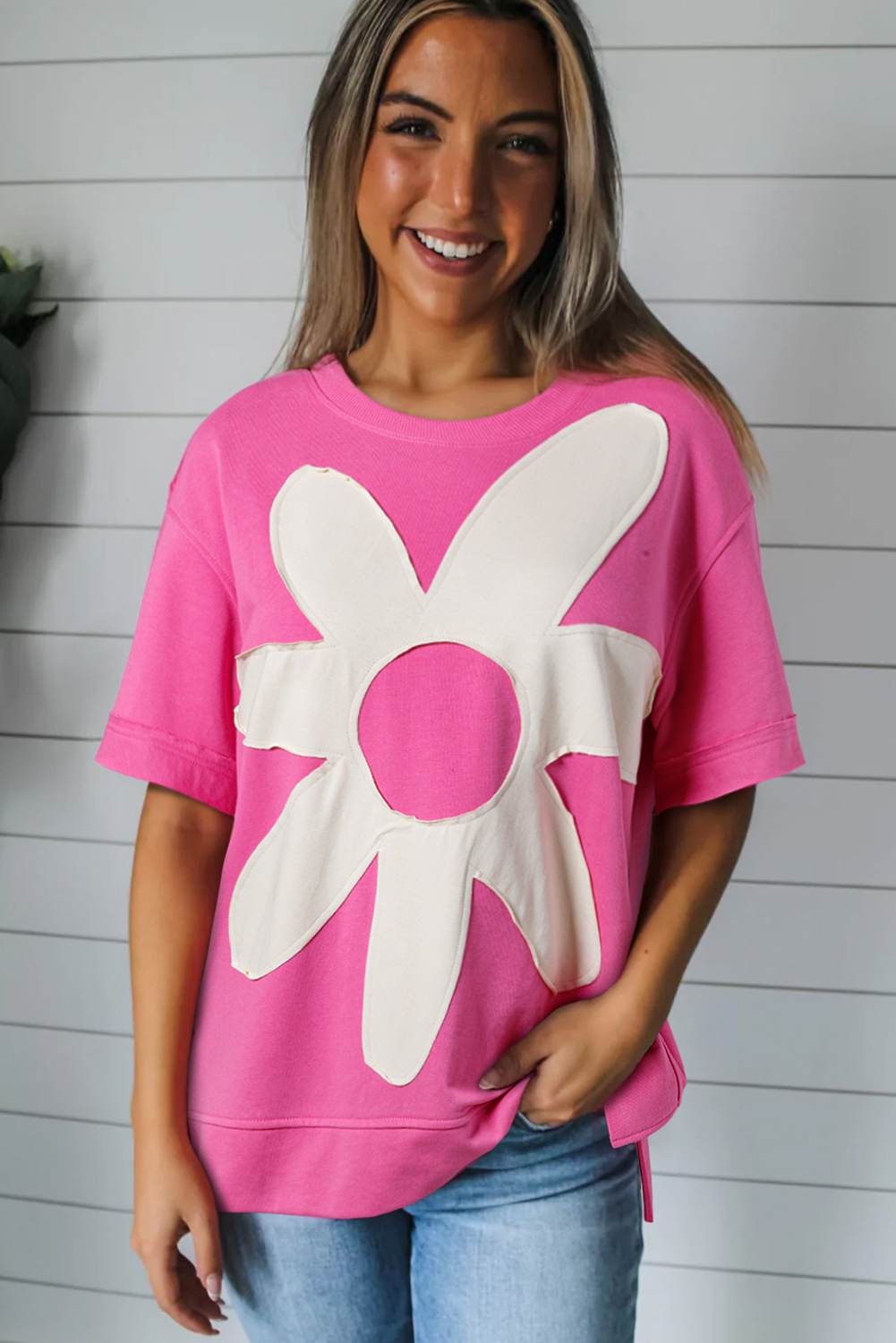 Sachet Pink Contrast Flower Drop Shoulder Loose T Shirt - loveforevers